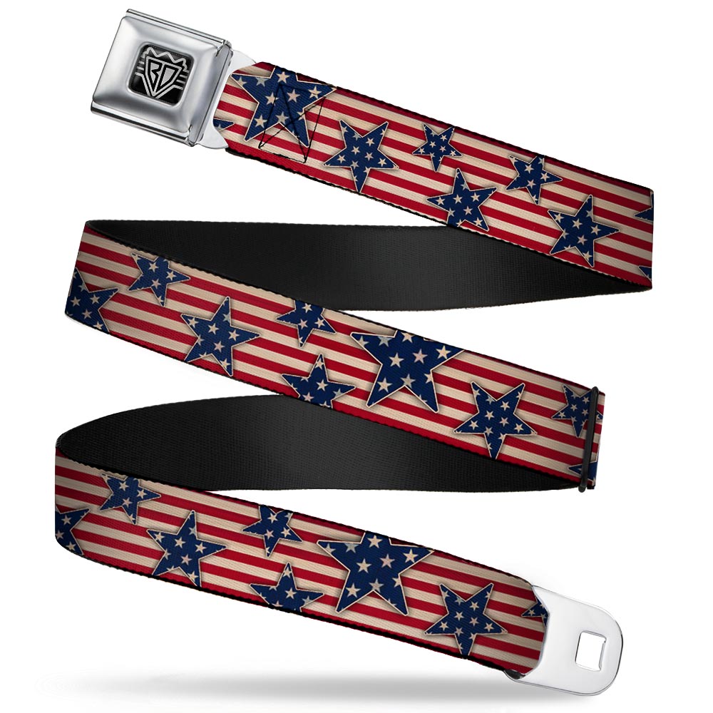 BD Wings Logo CLOSE-UP Full Color Black Silver Seatbelt Belt - Americana Stars & Stripes Red/White/Blue/White Webbing Seatbelt Belts Buckle-Down