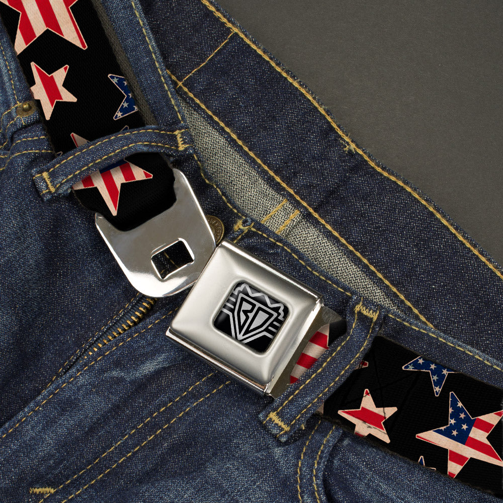 BD Wings Logo CLOSE-UP Full Color Black Silver Seatbelt Belt - Americana Stars & Flags Black/Red/White/Blue Webbing Seatbelt Belts Buckle-Down