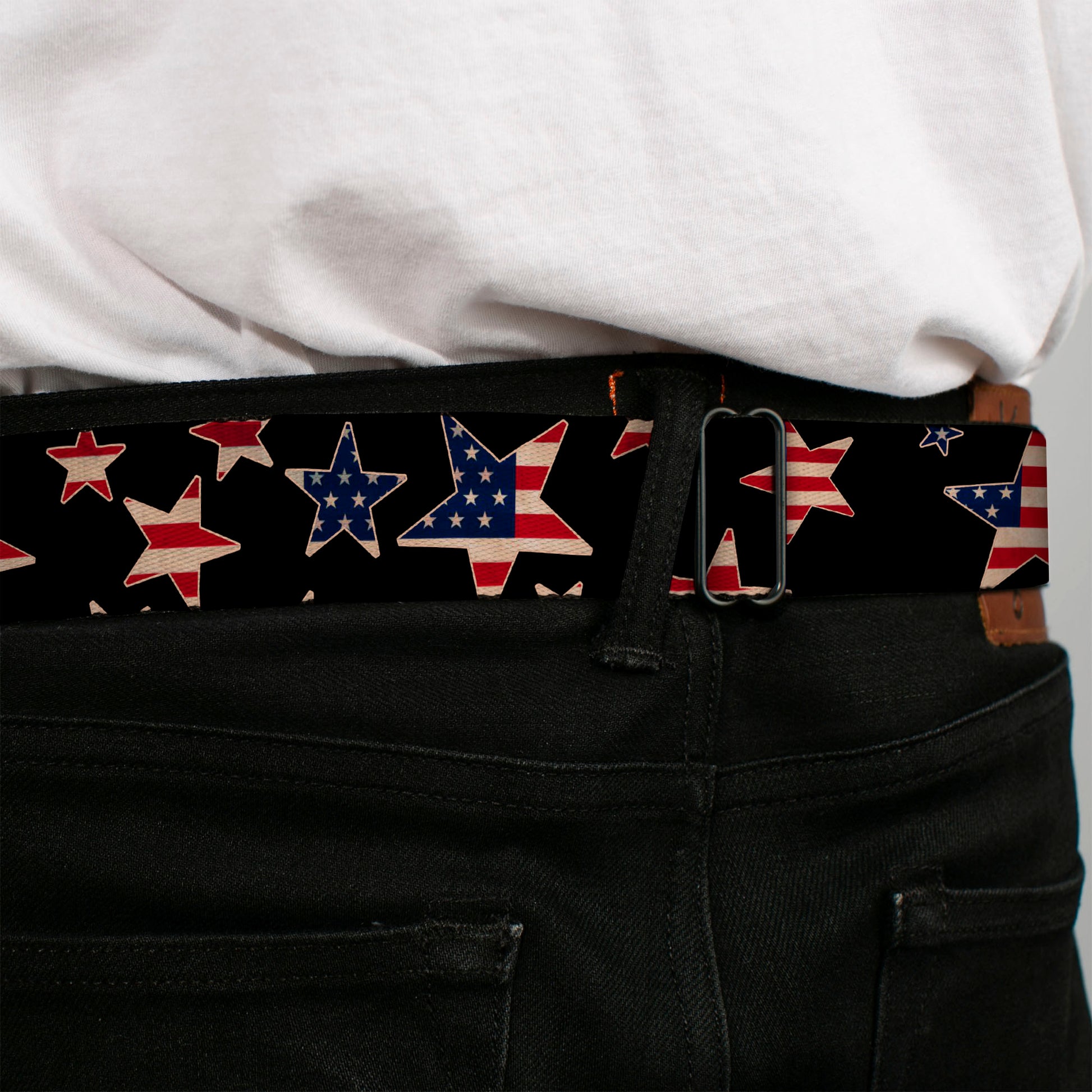 BD Wings Logo CLOSE-UP Full Color Black Silver Seatbelt Belt - Americana Stars & Flags Black/Red/White/Blue Webbing Seatbelt Belts Buckle-Down