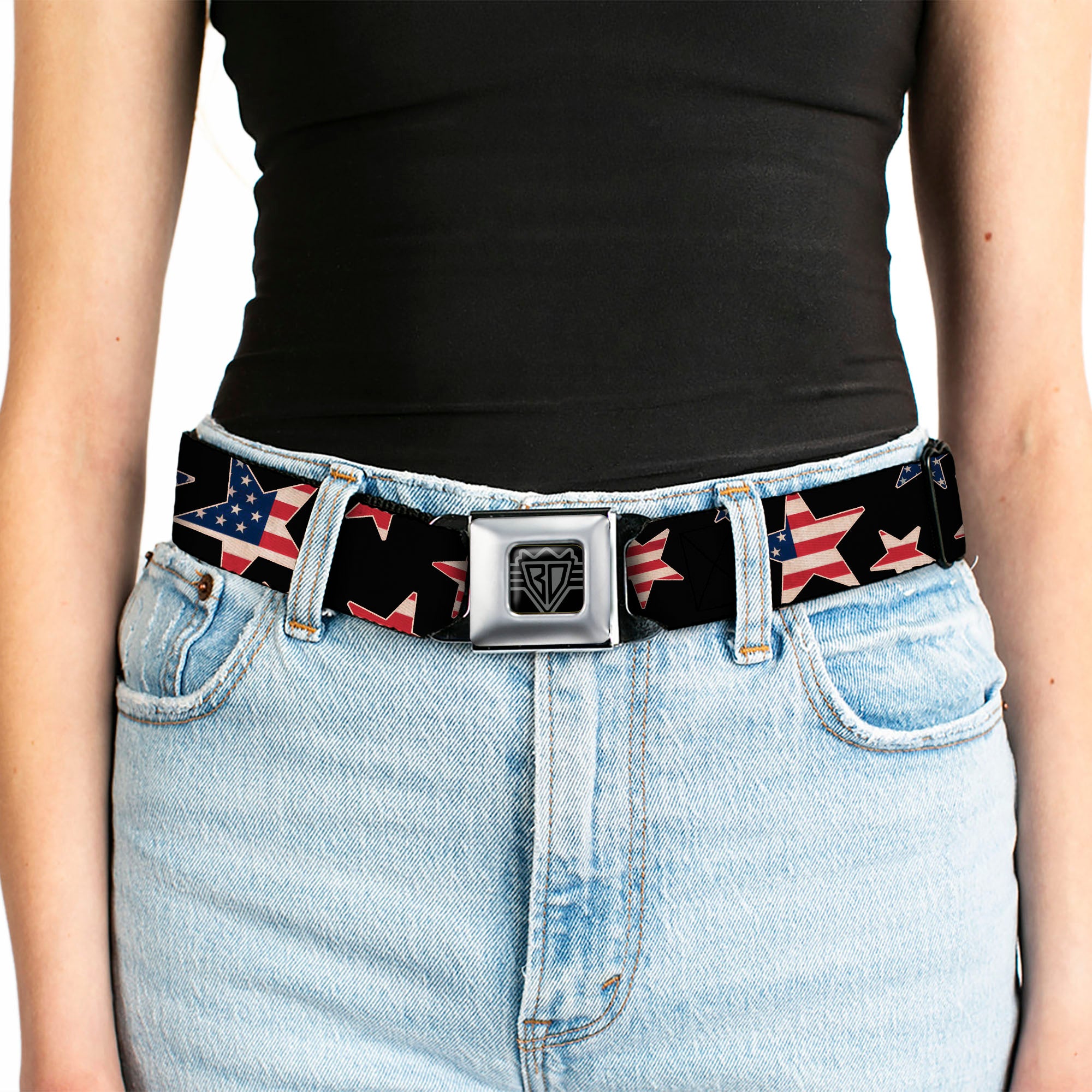 BD Wings Logo CLOSE-UP Full Color Black Silver Seatbelt Belt - Americana Stars & Flags Black/Red/White/Blue Webbing Seatbelt Belts Buckle-Down