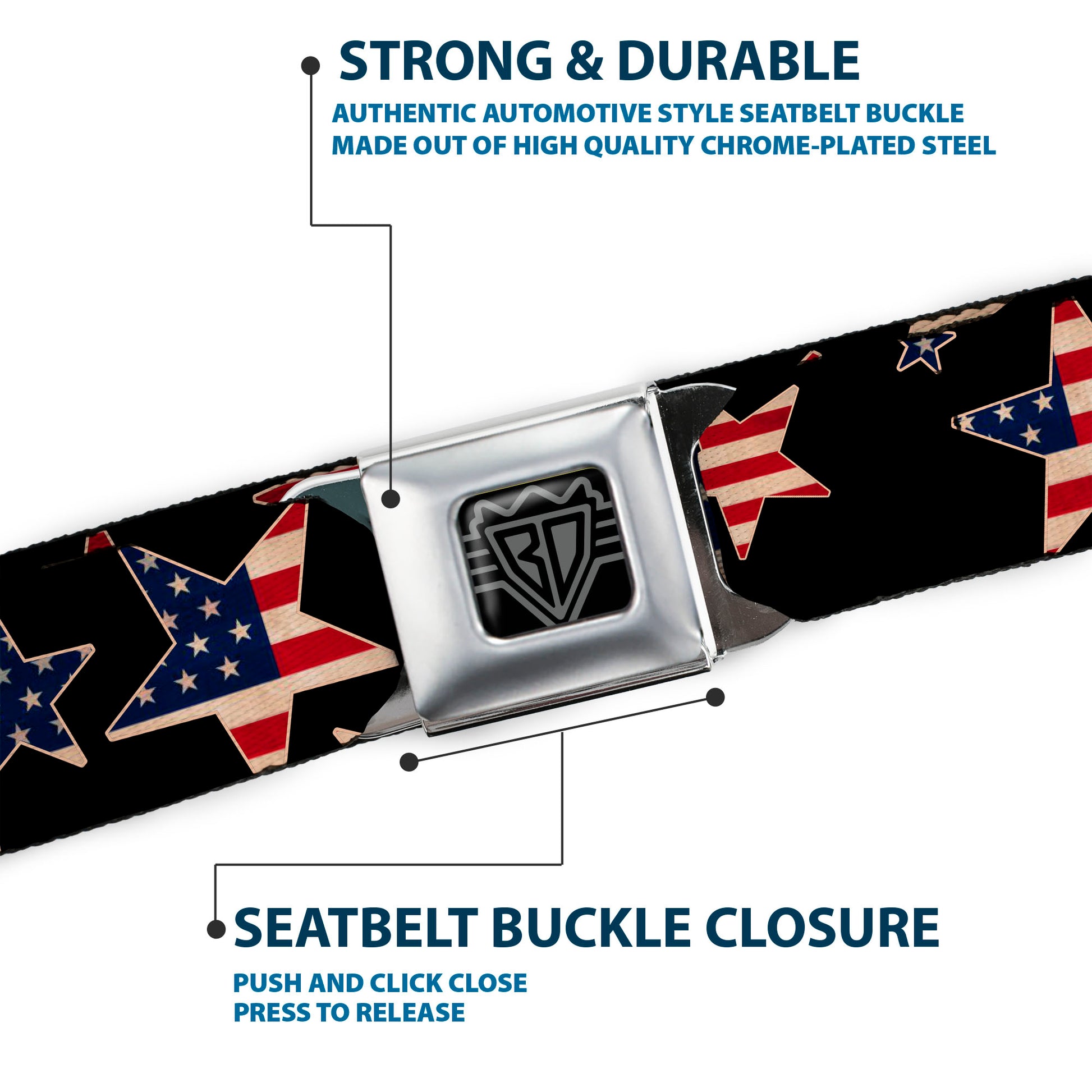 BD Wings Logo CLOSE-UP Full Color Black Silver Seatbelt Belt - Americana Stars & Flags Black/Red/White/Blue Webbing Seatbelt Belts Buckle-Down