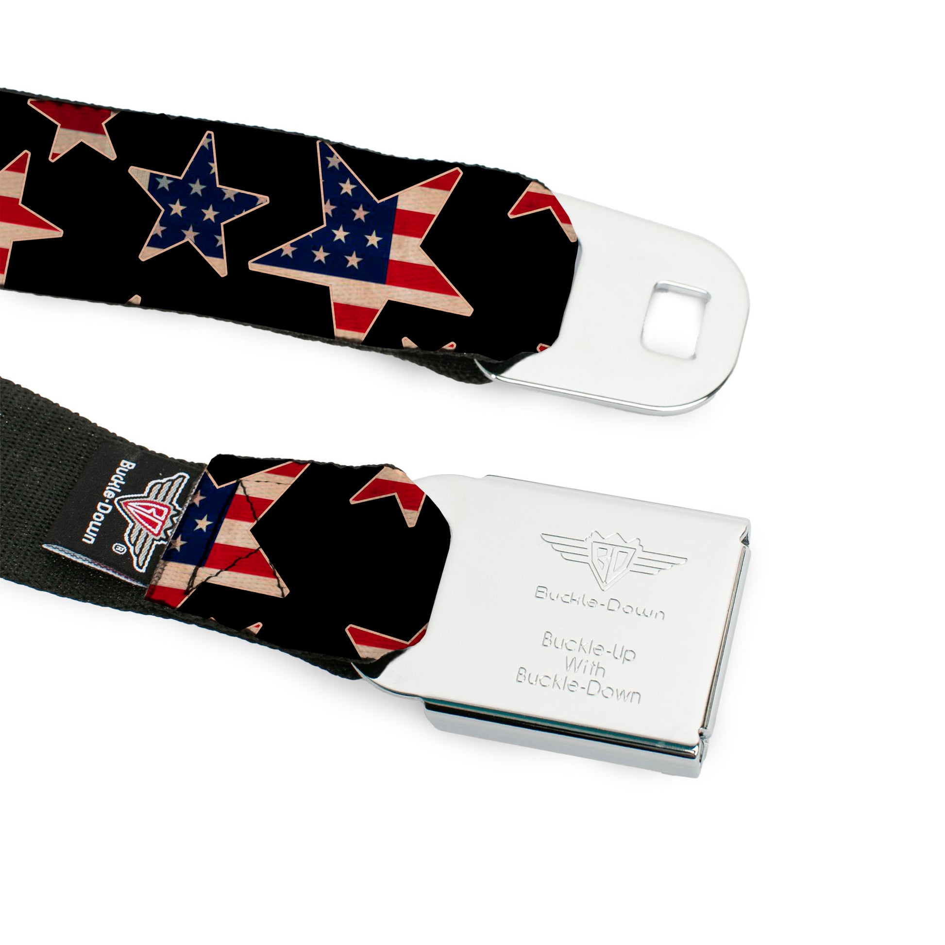 BD Wings Logo CLOSE-UP Full Color Black Silver Seatbelt Belt - Americana Stars & Flags Black/Red/White/Blue Webbing Seatbelt Belts Buckle-Down