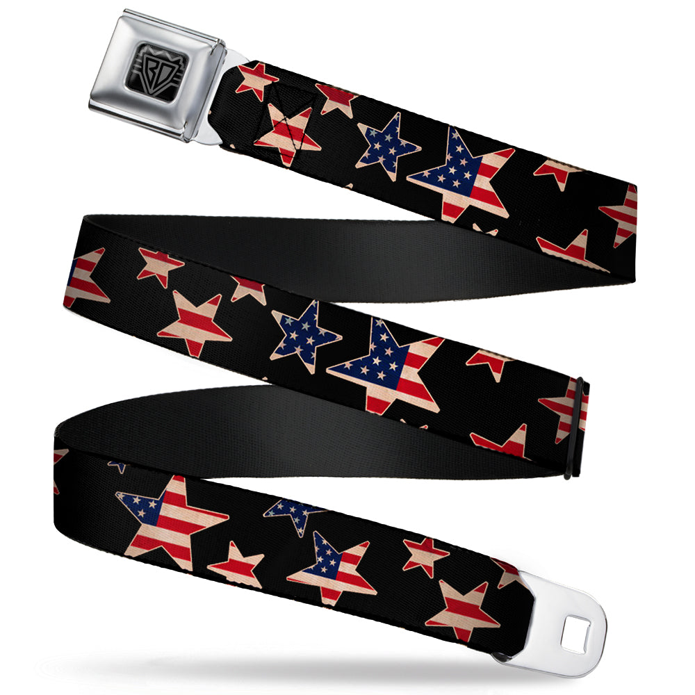 BD Wings Logo CLOSE-UP Full Color Black Silver Seatbelt Belt - Americana Stars & Flags Black/Red/White/Blue Webbing Seatbelt Belts Buckle-Down