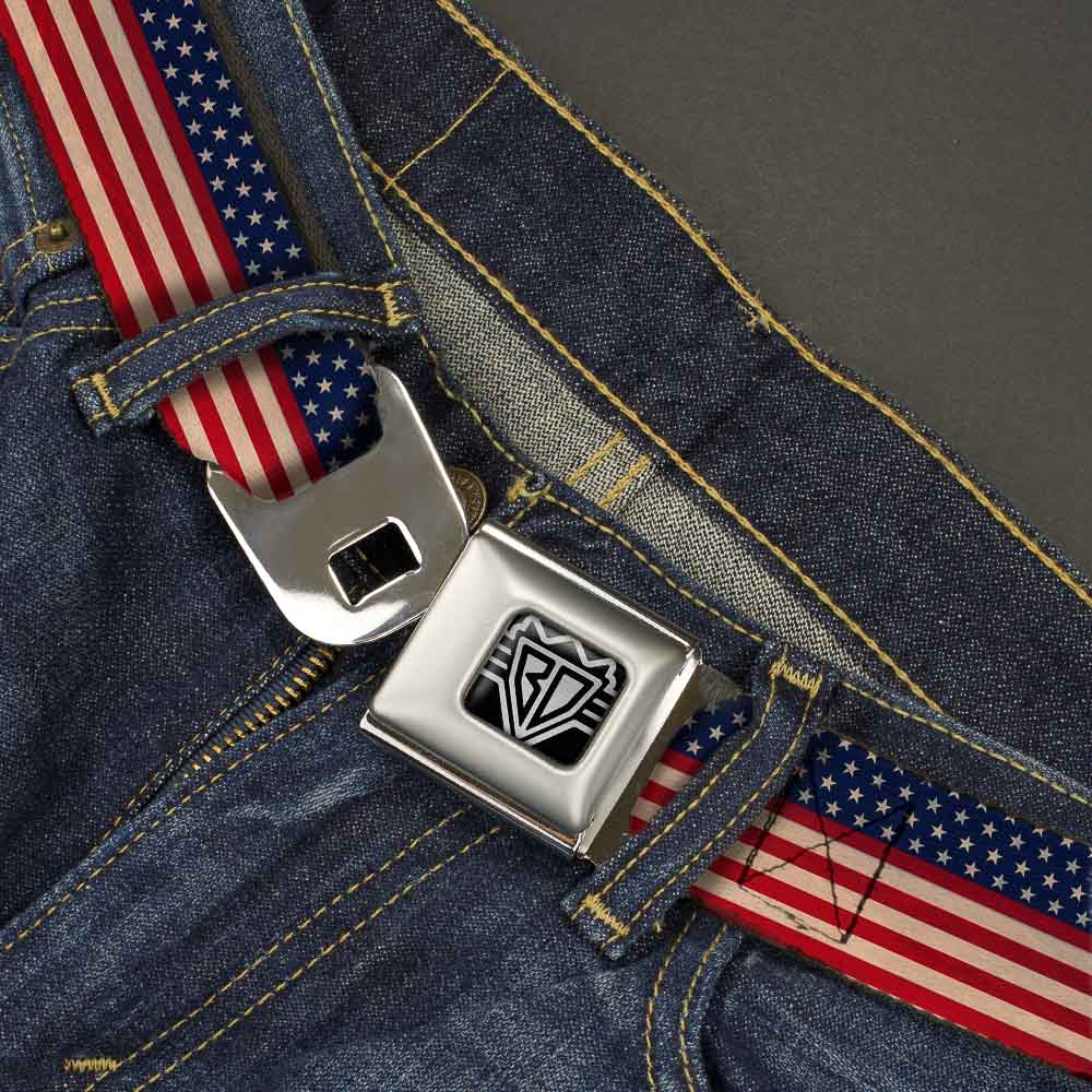 BD Wings Logo CLOSE-UP Full Color Black Silver Seatbelt Belt - American Flag Stripe Webbing Seatbelt Belts Buckle-Down