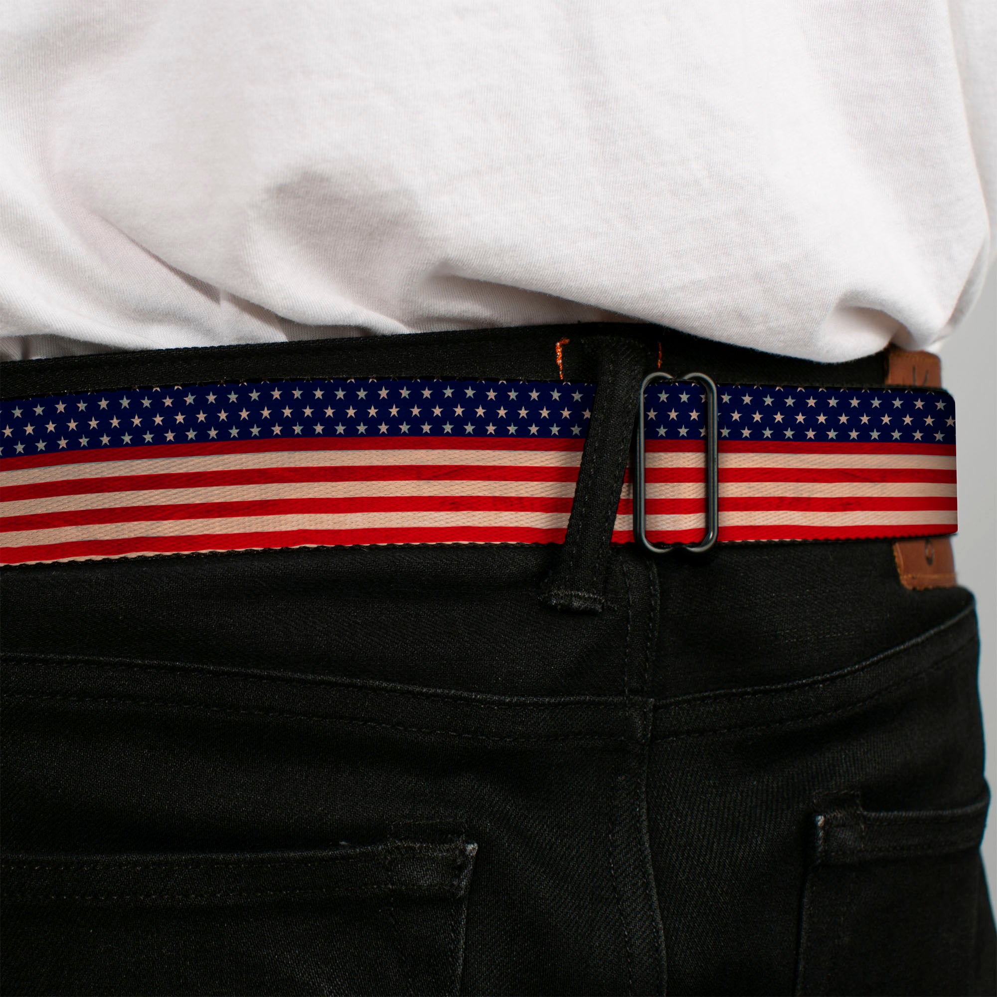 BD Wings Logo CLOSE-UP Full Color Black Silver Seatbelt Belt - American Flag Stripe Webbing Seatbelt Belts Buckle-Down