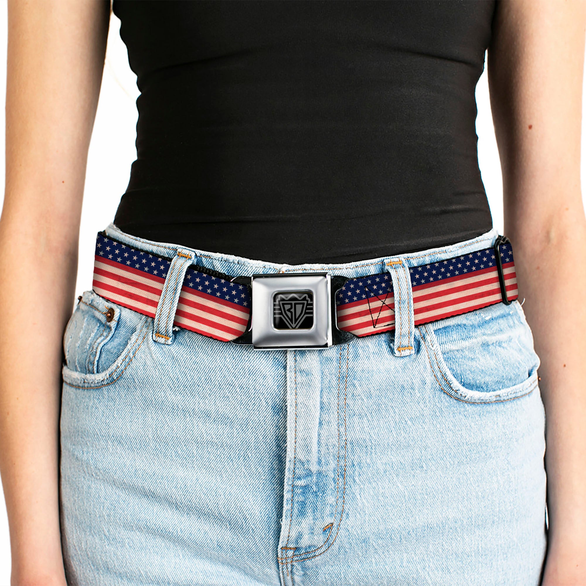BD Wings Logo CLOSE-UP Full Color Black Silver Seatbelt Belt - American Flag Stripe Webbing Seatbelt Belts Buckle-Down