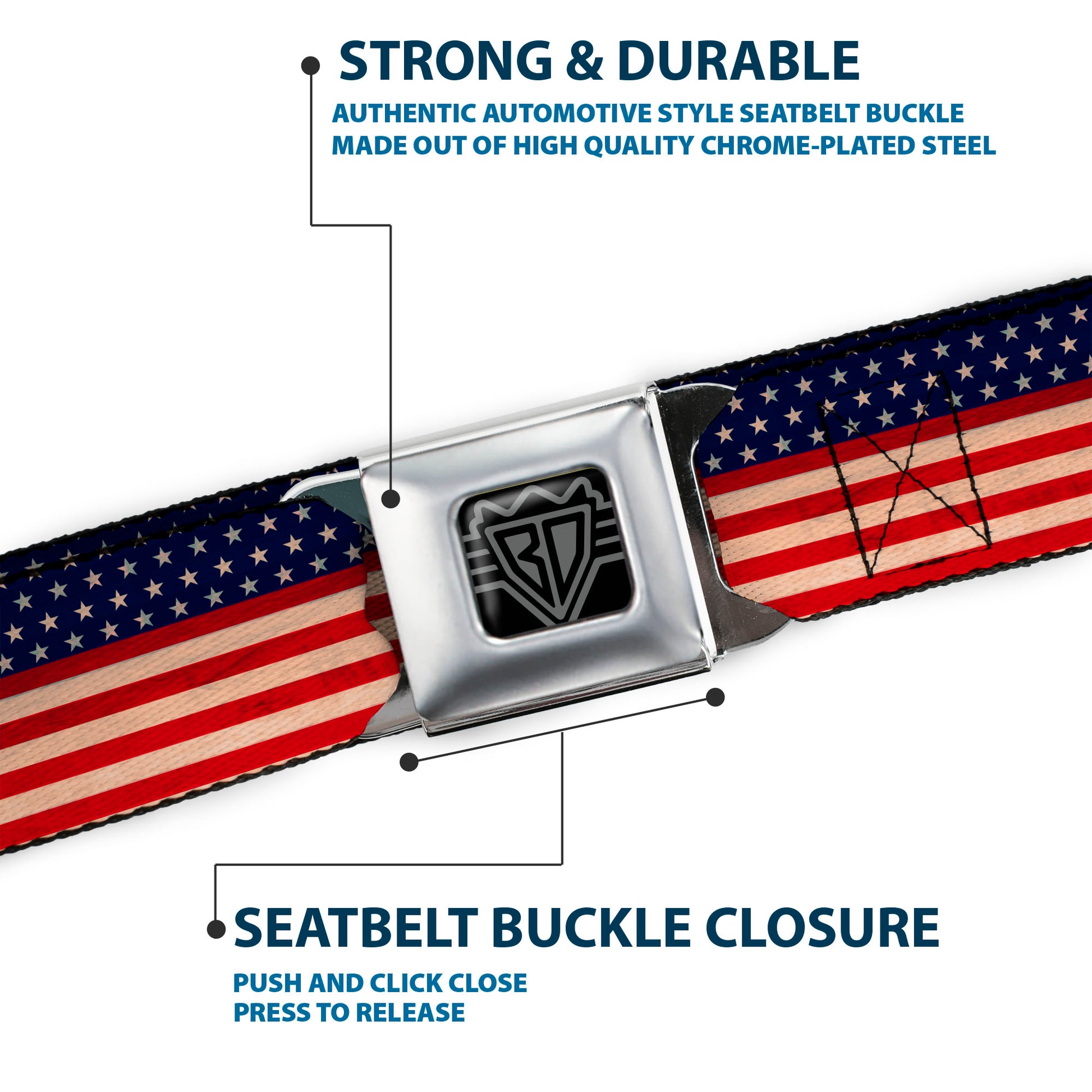 BD Wings Logo CLOSE-UP Full Color Black Silver Seatbelt Belt - American Flag Stripe Webbing Seatbelt Belts Buckle-Down