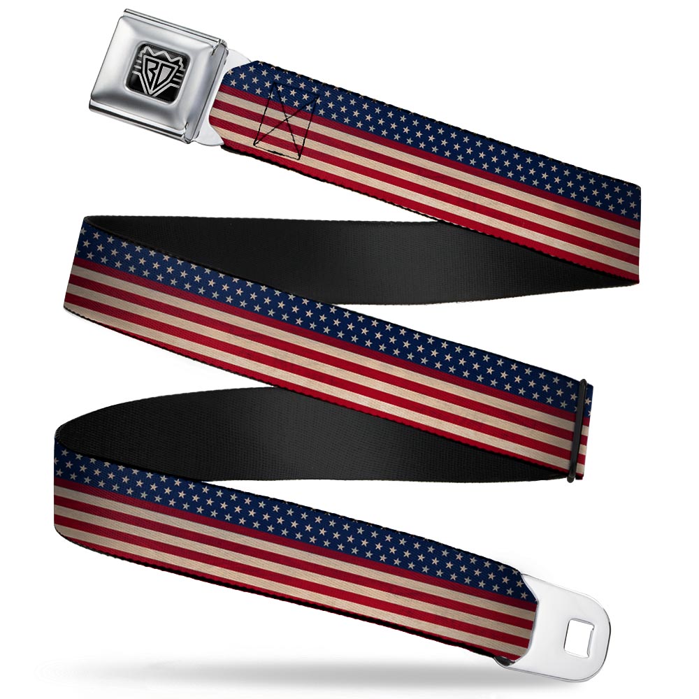 BD Wings Logo CLOSE-UP Full Color Black Silver Seatbelt Belt - American Flag Stripe Webbing Seatbelt Belts Buckle-Down