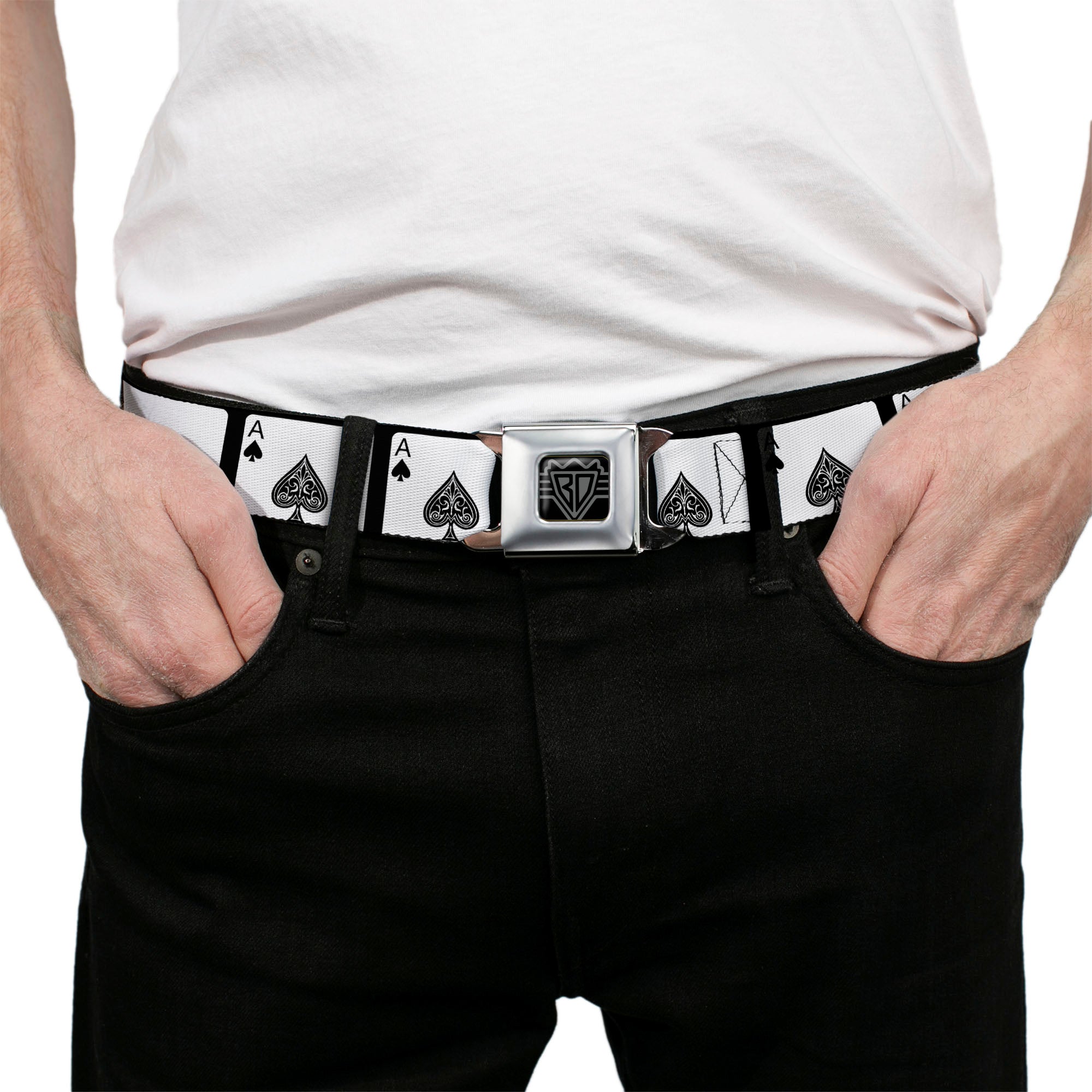 BD Wings Logo CLOSE-UP Full Color Black Silver Seatbelt Belt - Ace of Spades Webbing Seatbelt Belts Buckle-Down