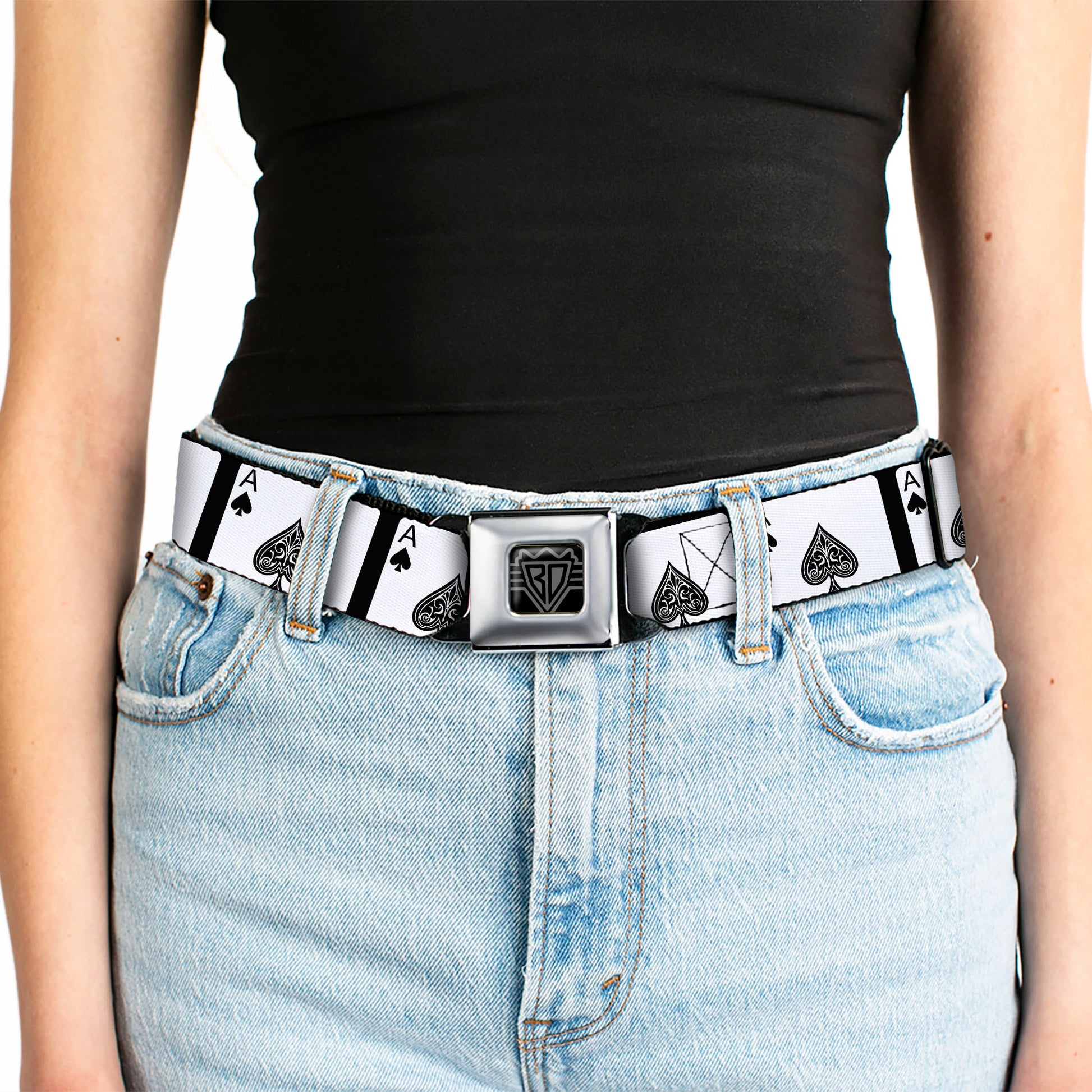 BD Wings Logo CLOSE-UP Full Color Black Silver Seatbelt Belt - Ace of Spades Webbing Seatbelt Belts Buckle-Down