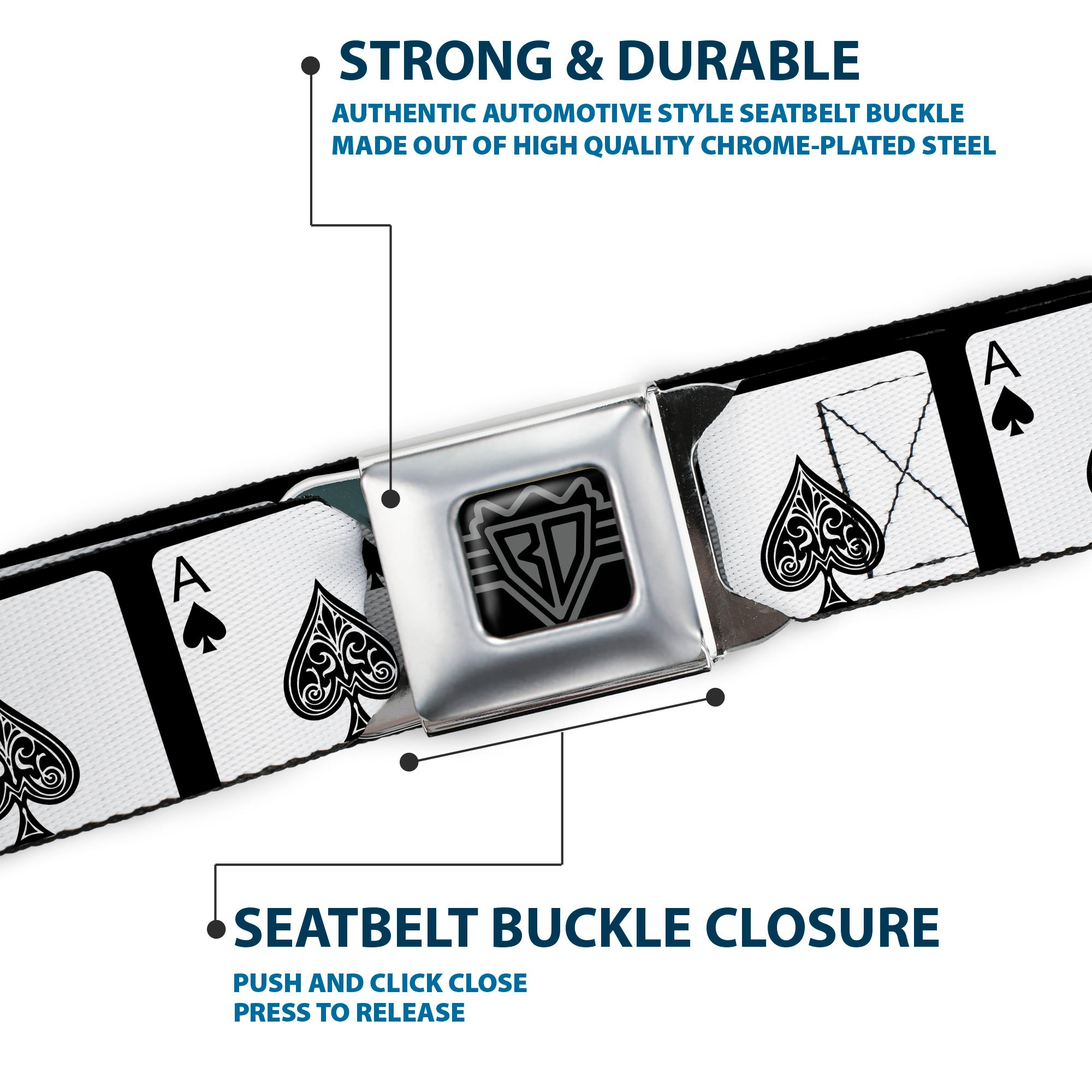 BD Wings Logo CLOSE-UP Full Color Black Silver Seatbelt Belt - Ace of Spades Webbing Seatbelt Belts Buckle-Down