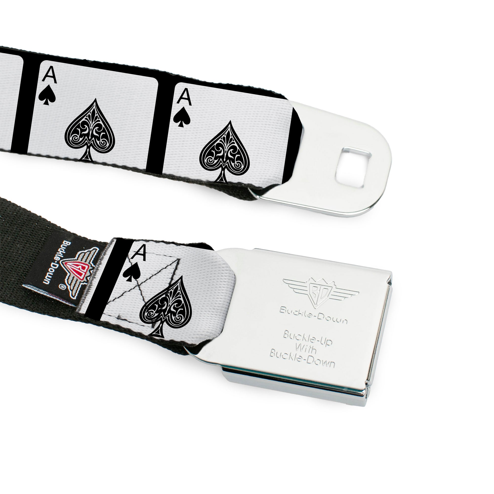 BD Wings Logo CLOSE-UP Full Color Black Silver Seatbelt Belt - Ace of Spades Webbing Seatbelt Belts Buckle-Down