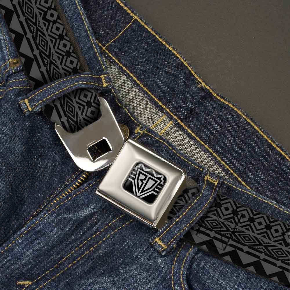 BD Wings Logo CLOSE-UP Full Color Black Silver Seatbelt Belt - Aztec1 Gray/Black Webbing Seatbelt Belts Buckle-Down