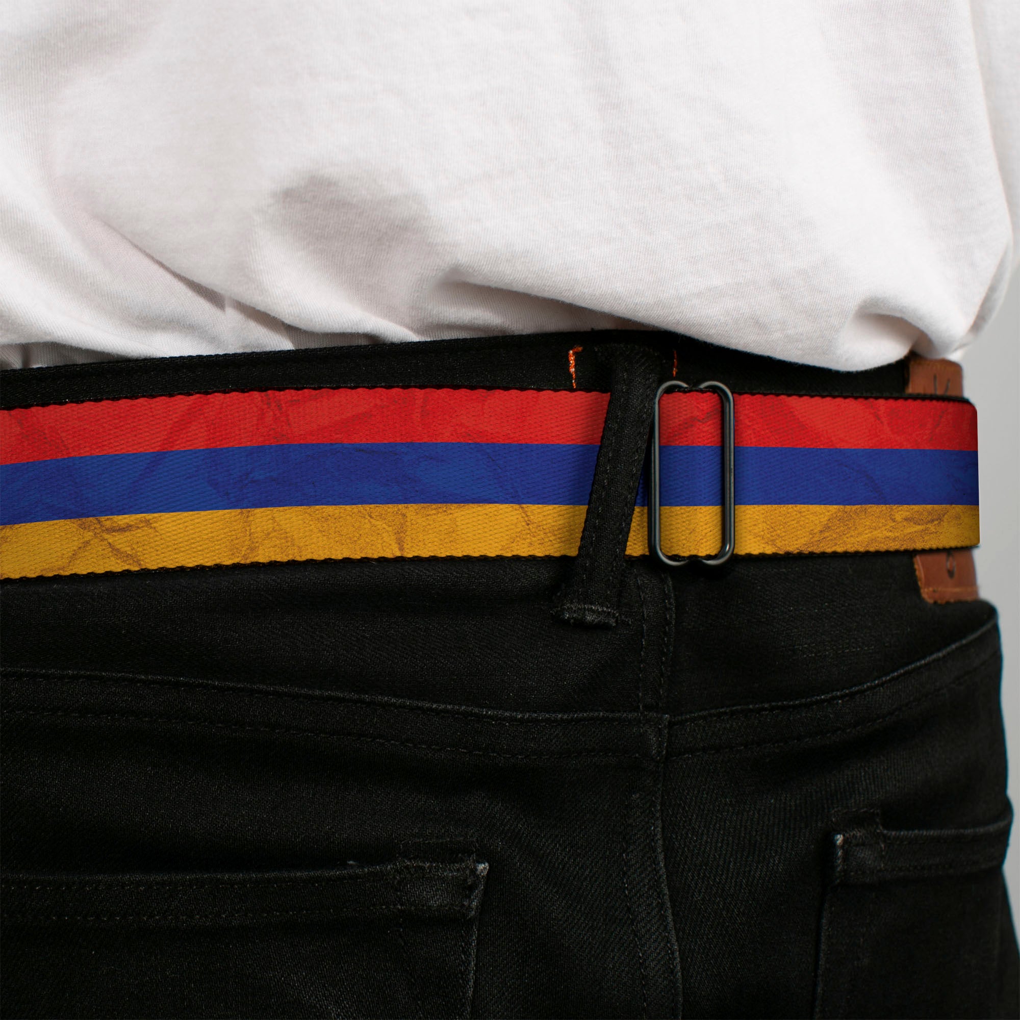 BD Wings Logo CLOSE-UP Full Color Black Silver Seatbelt Belt - Armenia Flag Distressed Webbing Seatbelt Belts Buckle-Down