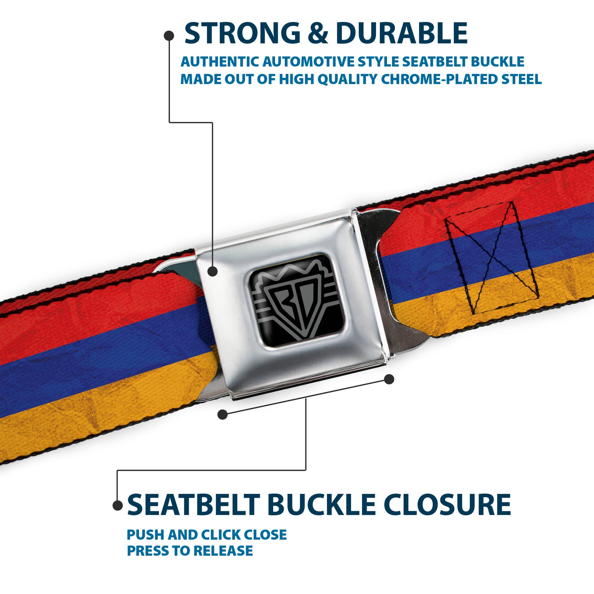 BD Wings Logo CLOSE-UP Full Color Black Silver Seatbelt Belt - Armenia Flag Distressed Webbing Seatbelt Belts Buckle-Down