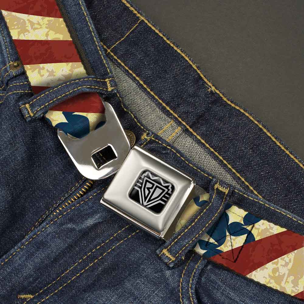 BD Wings Logo CLOSE-UP Full Color Black Silver Seatbelt Belt - Americana Diagonal Vintage Stars & Stripes2 Webbing Seatbelt Belts Buckle-Down