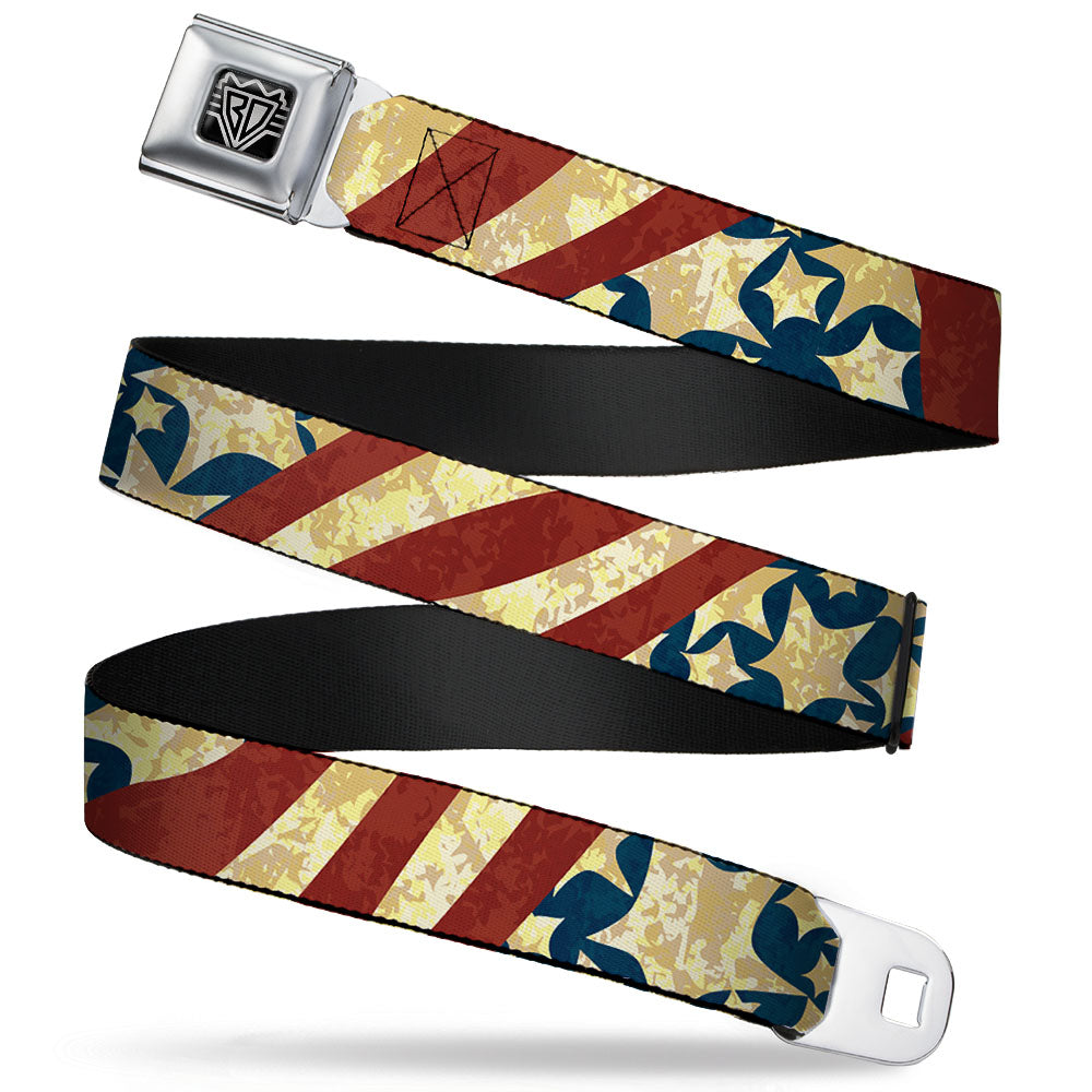 BD Wings Logo CLOSE-UP Full Color Black Silver Seatbelt Belt - Americana Diagonal Vintage Stars & Stripes2 Webbing Seatbelt Belts Buckle-Down