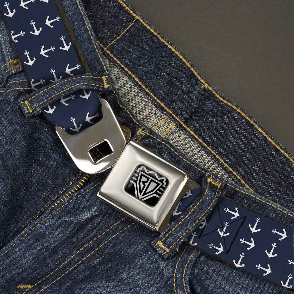 BD Wings Logo CLOSE-UP Full Color Black Silver Seatbelt Belt - Anchors Navy/White Webbing Seatbelt Belts Buckle-Down