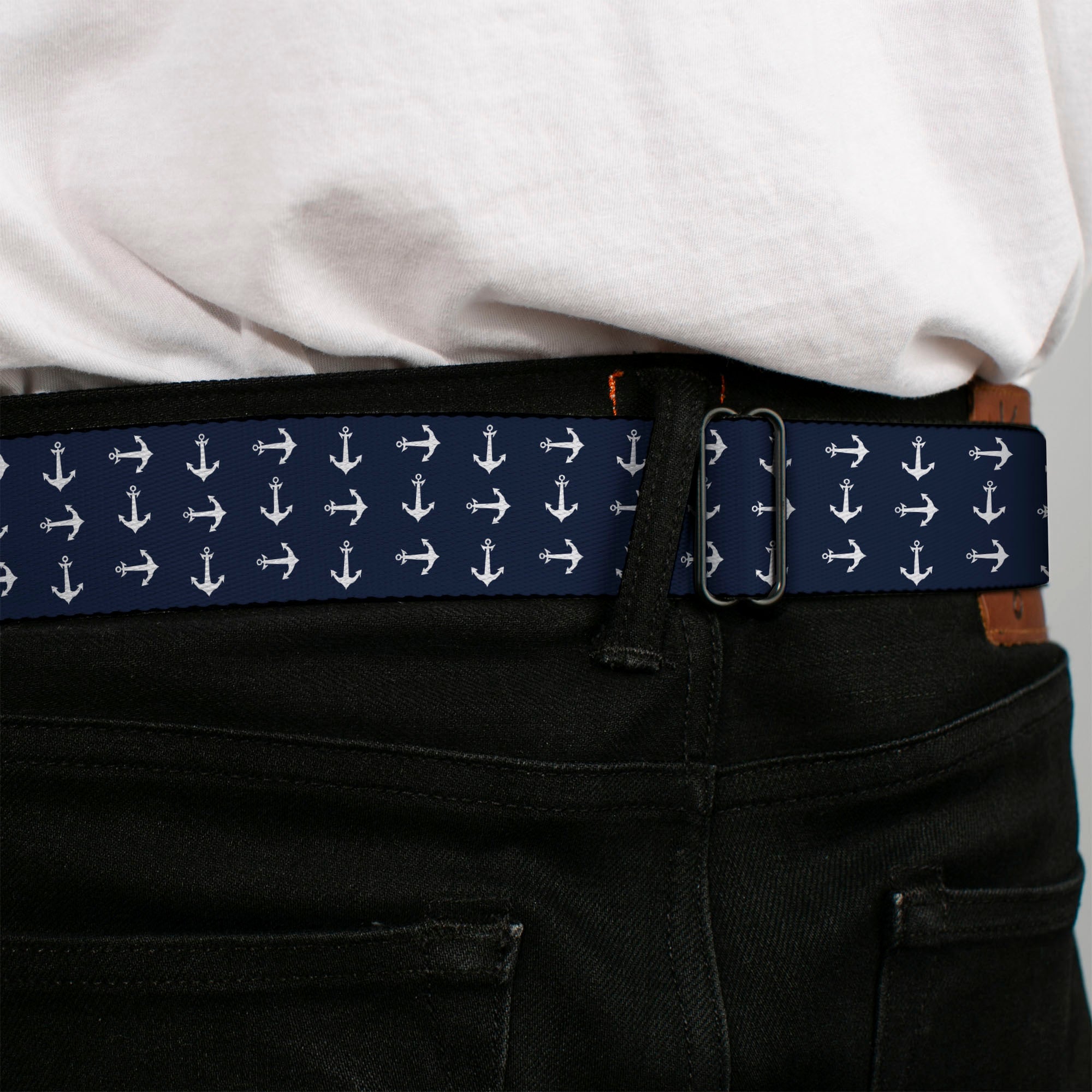 BD Wings Logo CLOSE-UP Full Color Black Silver Seatbelt Belt - Anchors Navy/White Webbing Seatbelt Belts Buckle-Down