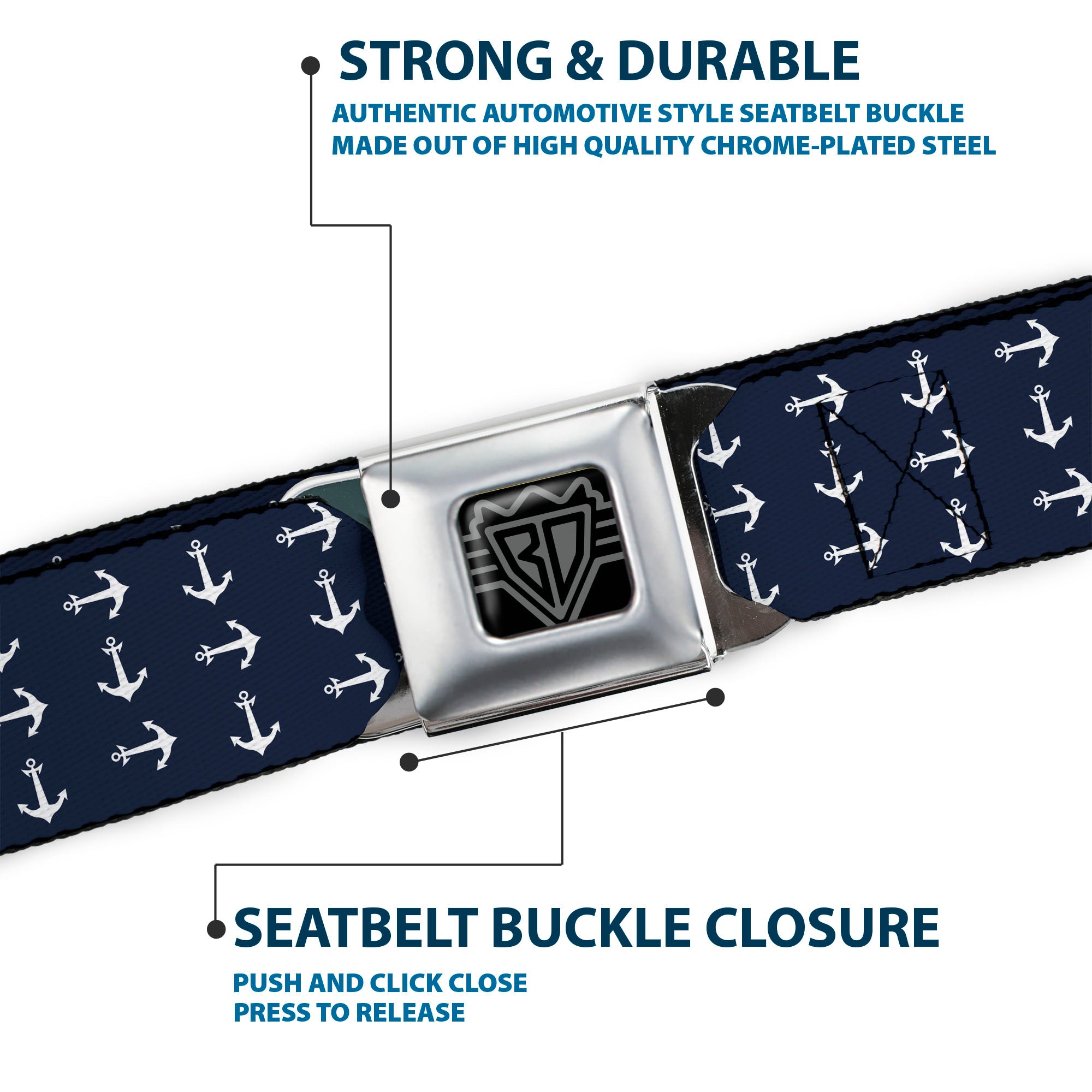 BD Wings Logo CLOSE-UP Full Color Black Silver Seatbelt Belt - Anchors Navy/White Webbing Seatbelt Belts Buckle-Down