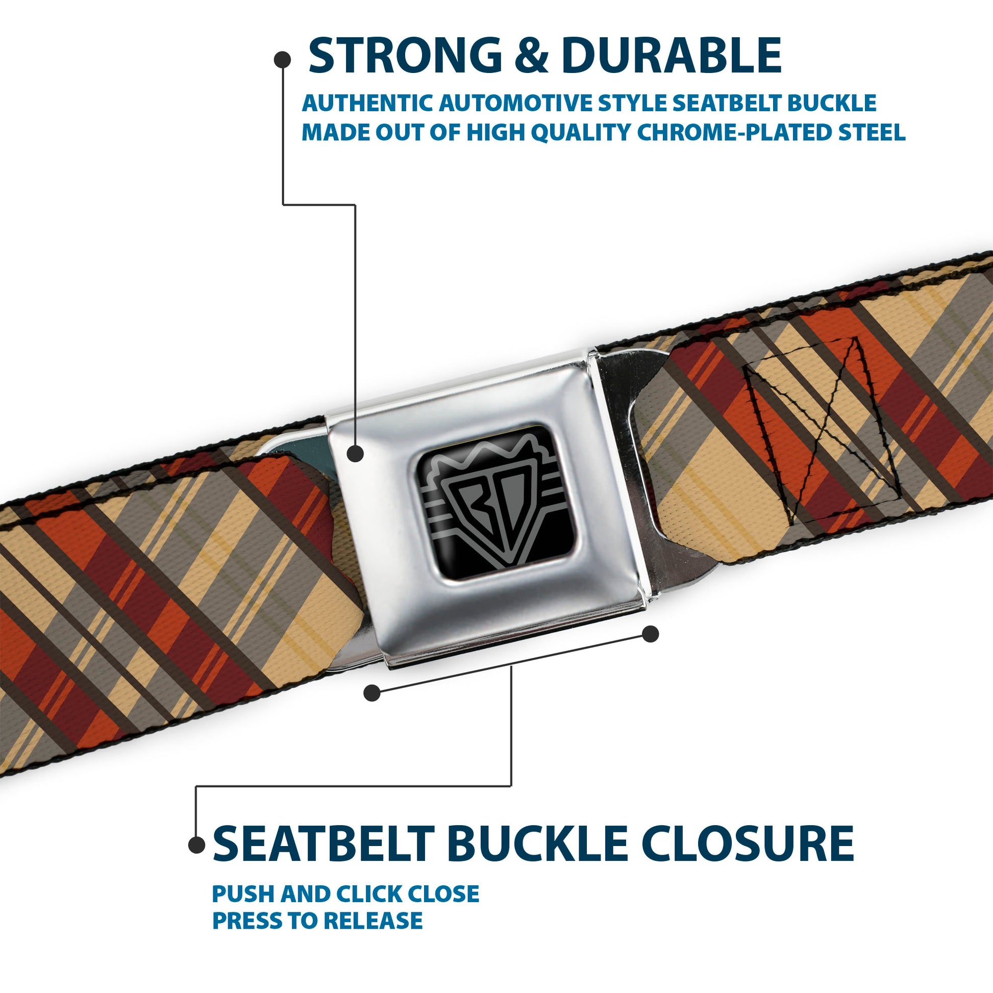 BD Wings Logo CLOSE-UP Full Color Black Silver Seatbelt Belt - Americana Plaid X Webbing Seatbelt Belts Buckle-Down