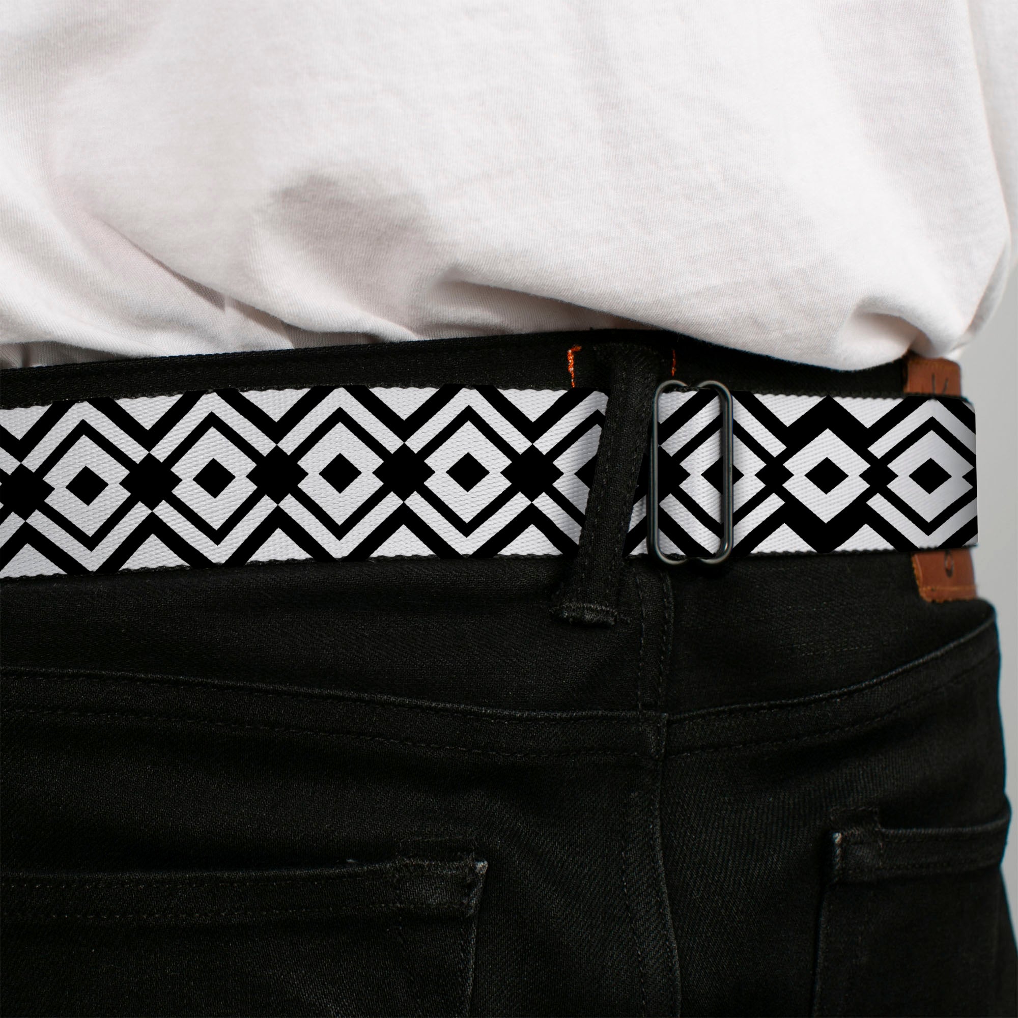 BD Wings Logo CLOSE-UP Full Color Black Silver Seatbelt Belt - Aztec2 White/Black Webbing Seatbelt Belts Buckle-Down