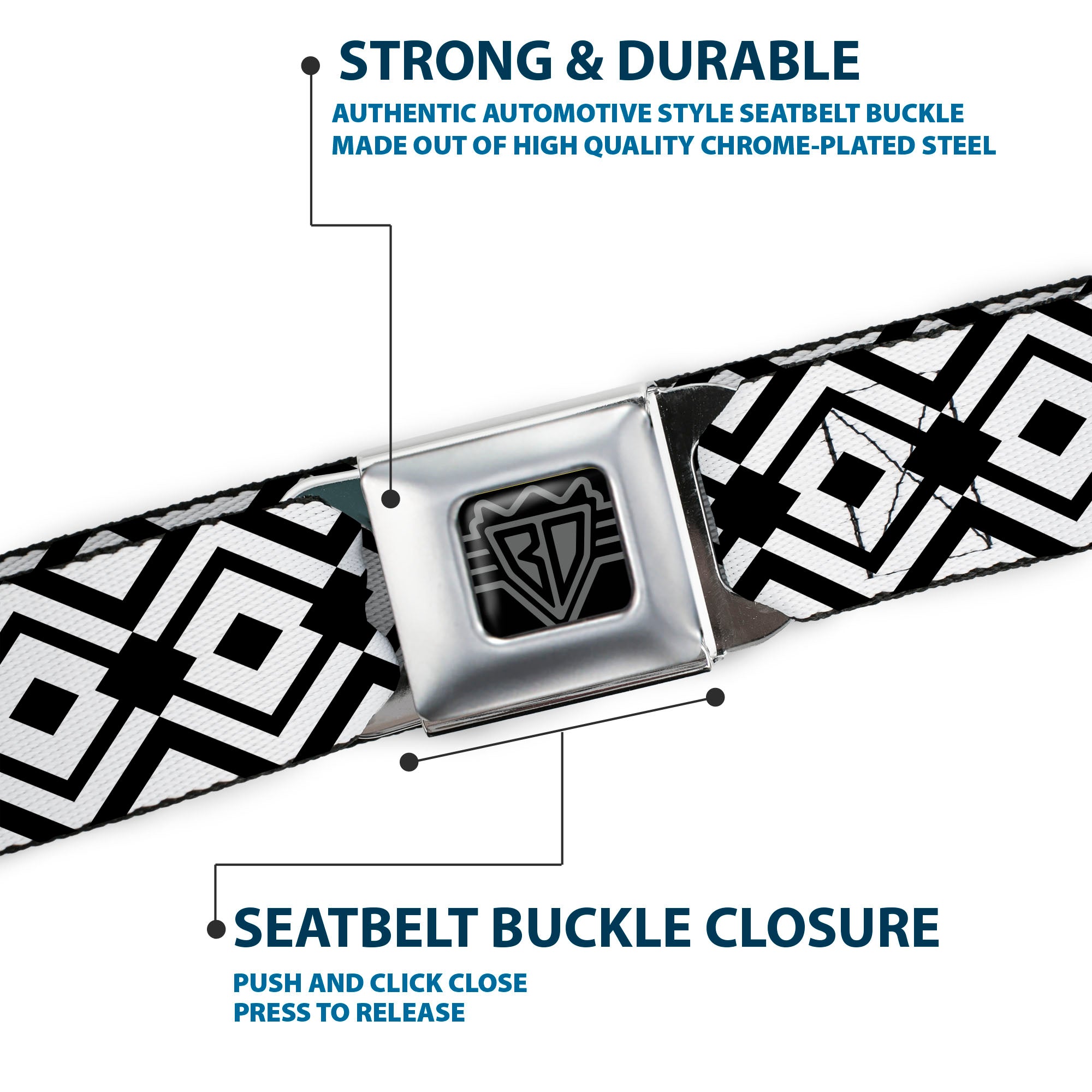 BD Wings Logo CLOSE-UP Full Color Black Silver Seatbelt Belt - Aztec2 White/Black Webbing Seatbelt Belts Buckle-Down