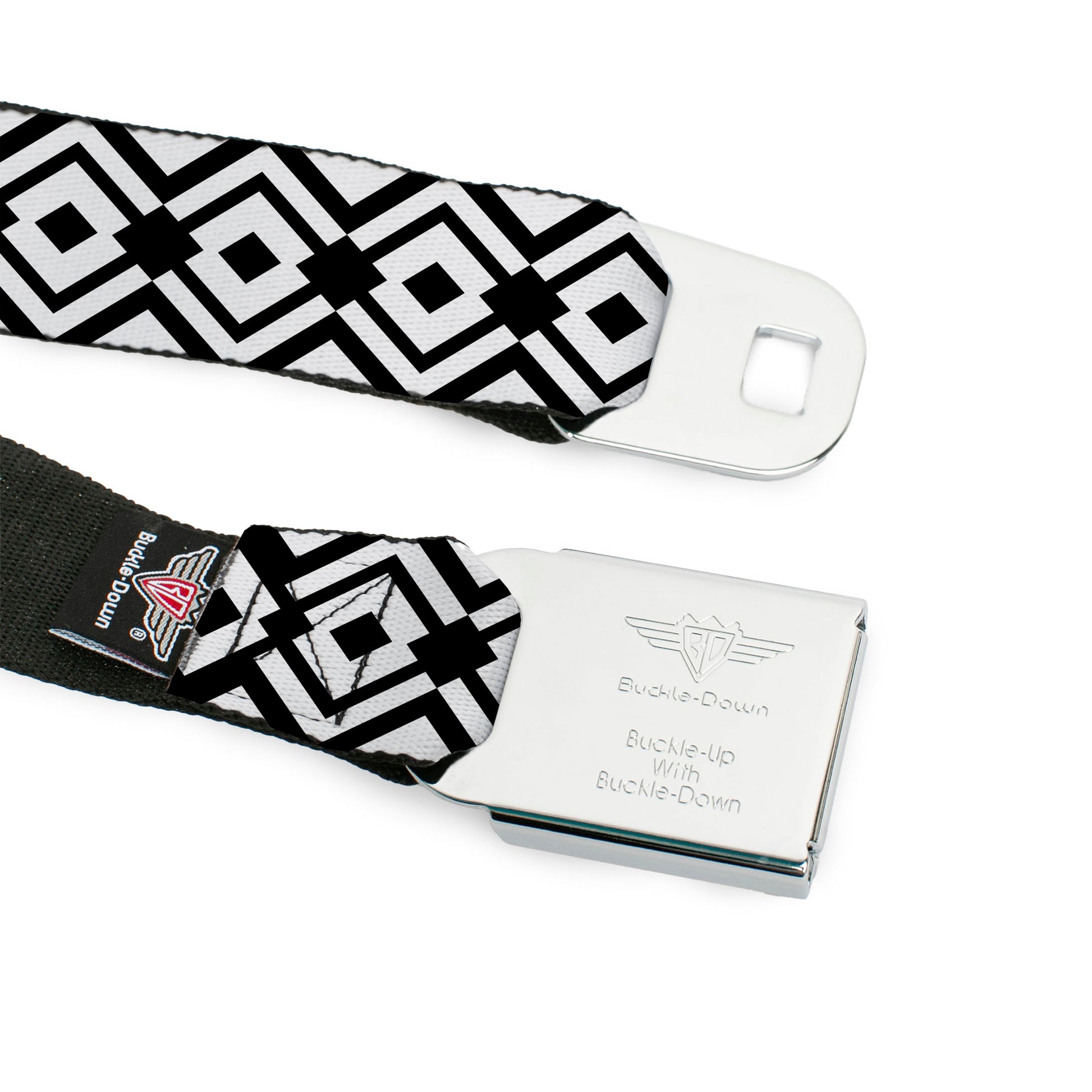 BD Wings Logo CLOSE-UP Full Color Black Silver Seatbelt Belt - Aztec2 White/Black Webbing Seatbelt Belts Buckle-Down