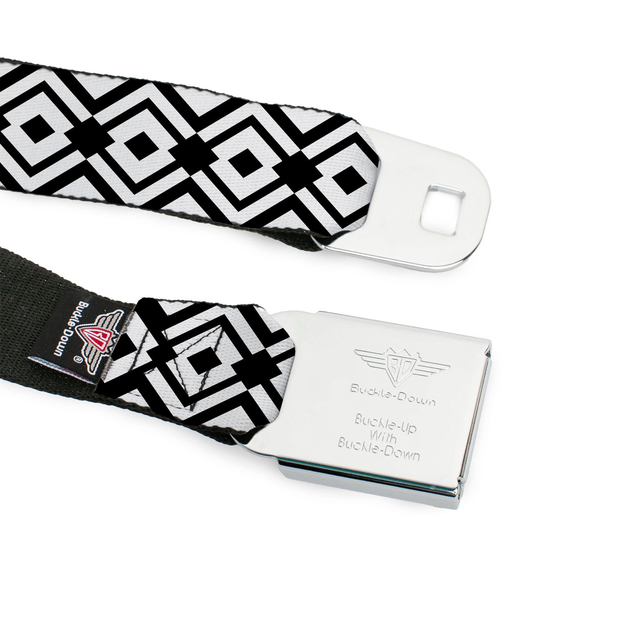 BD Wings Logo CLOSE-UP Full Color Black Silver Seatbelt Belt - Aztec2 White/Black Webbing Seatbelt Belts Buckle-Down