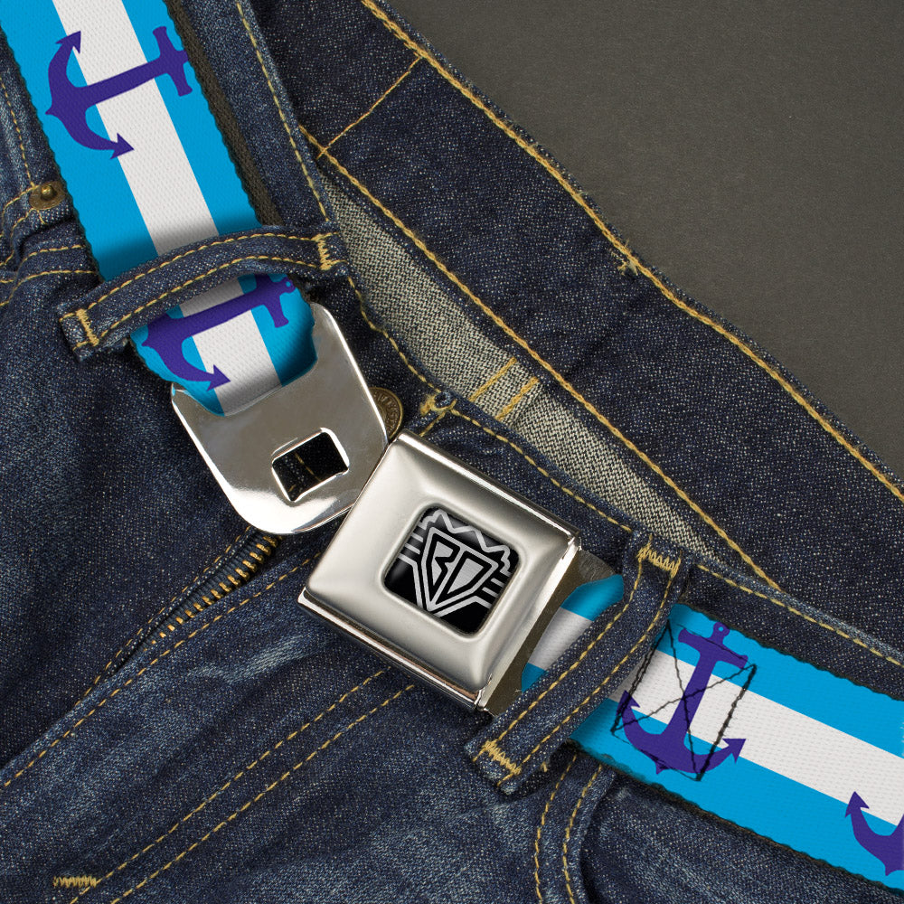 BD Wings Logo CLOSE-UP Full Color Black Silver Seatbelt Belt - Anchor/Stripe Blues/White Webbing Seatbelt Belts Buckle-Down