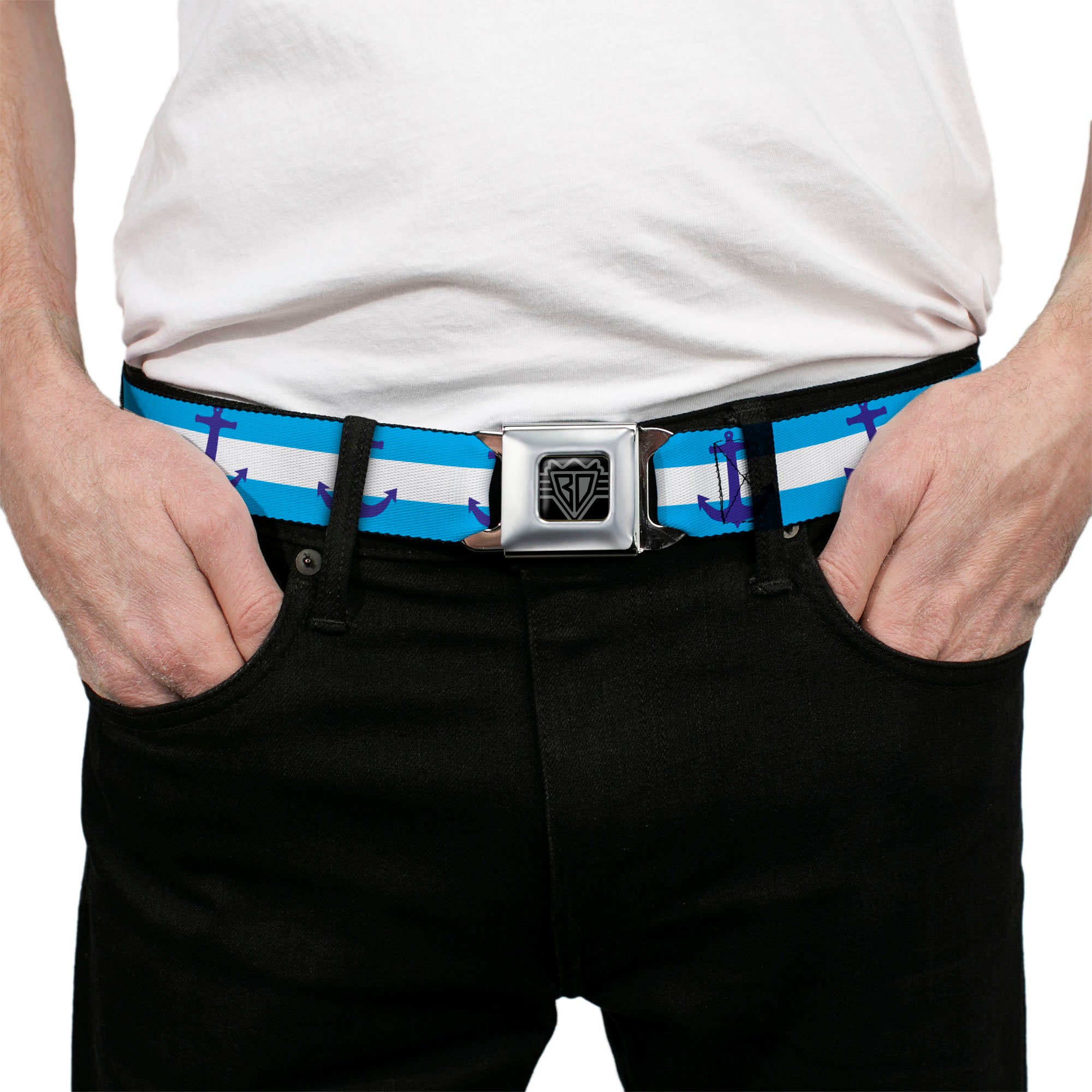 BD Wings Logo CLOSE-UP Full Color Black Silver Seatbelt Belt - Anchor/Stripe Blues/White Webbing Seatbelt Belts Buckle-Down