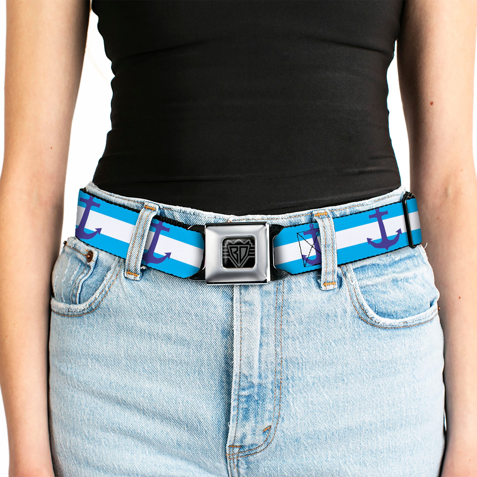 BD Wings Logo CLOSE-UP Full Color Black Silver Seatbelt Belt - Anchor/Stripe Blues/White Webbing Seatbelt Belts Buckle-Down
