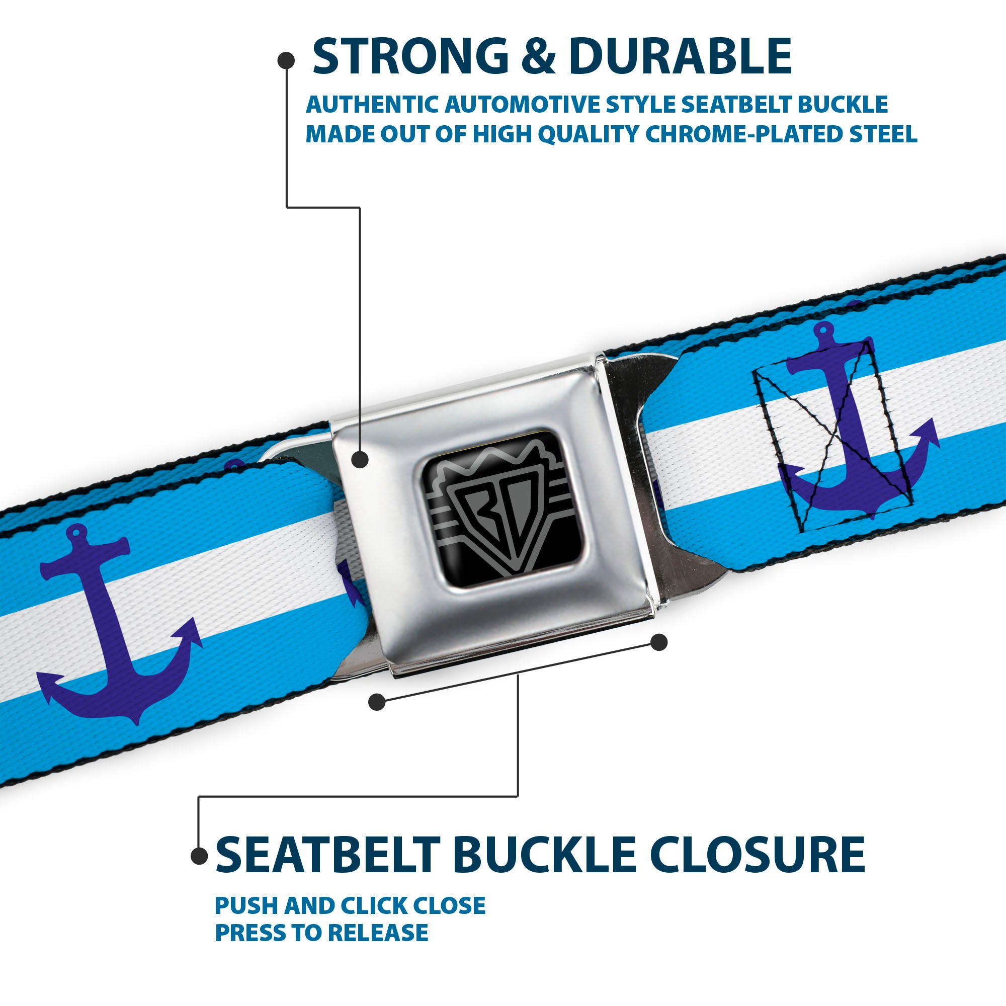 BD Wings Logo CLOSE-UP Full Color Black Silver Seatbelt Belt - Anchor/Stripe Blues/White Webbing Seatbelt Belts Buckle-Down