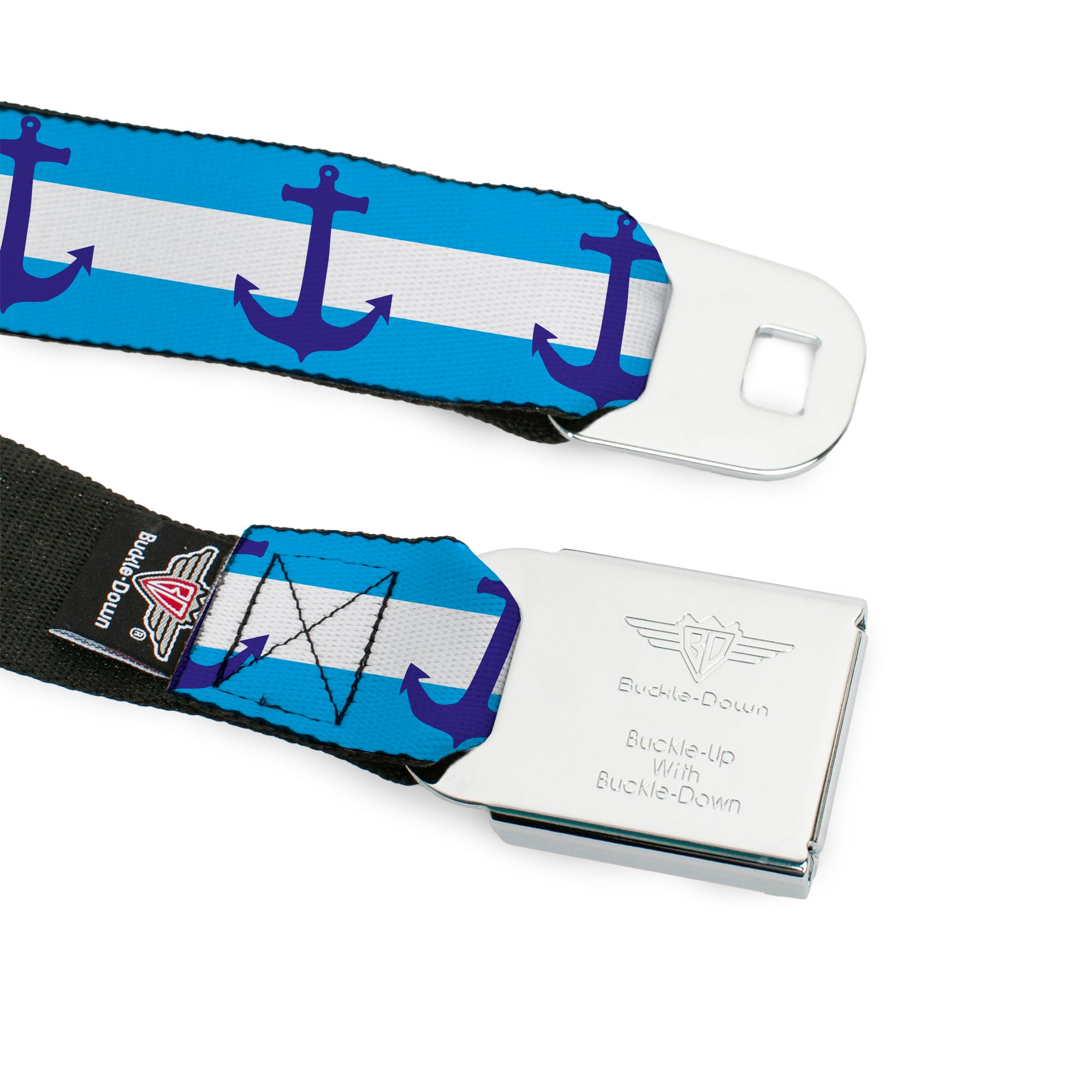 BD Wings Logo CLOSE-UP Full Color Black Silver Seatbelt Belt - Anchor/Stripe Blues/White Webbing Seatbelt Belts Buckle-Down
