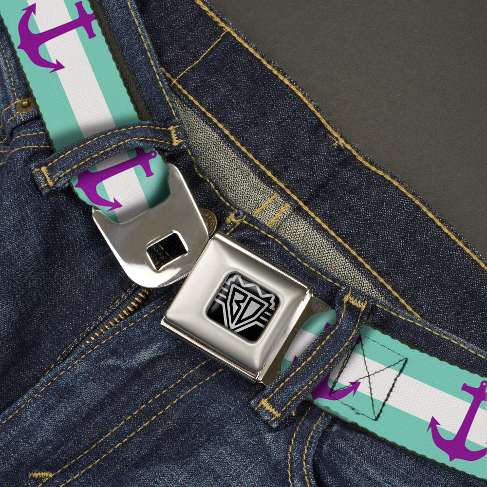 BD Wings Logo CLOSE-UP Full Color Black Silver Seatbelt Belt - Anchor/Stripe Teal/White/Purple Webbing Seatbelt Belts Buckle-Down