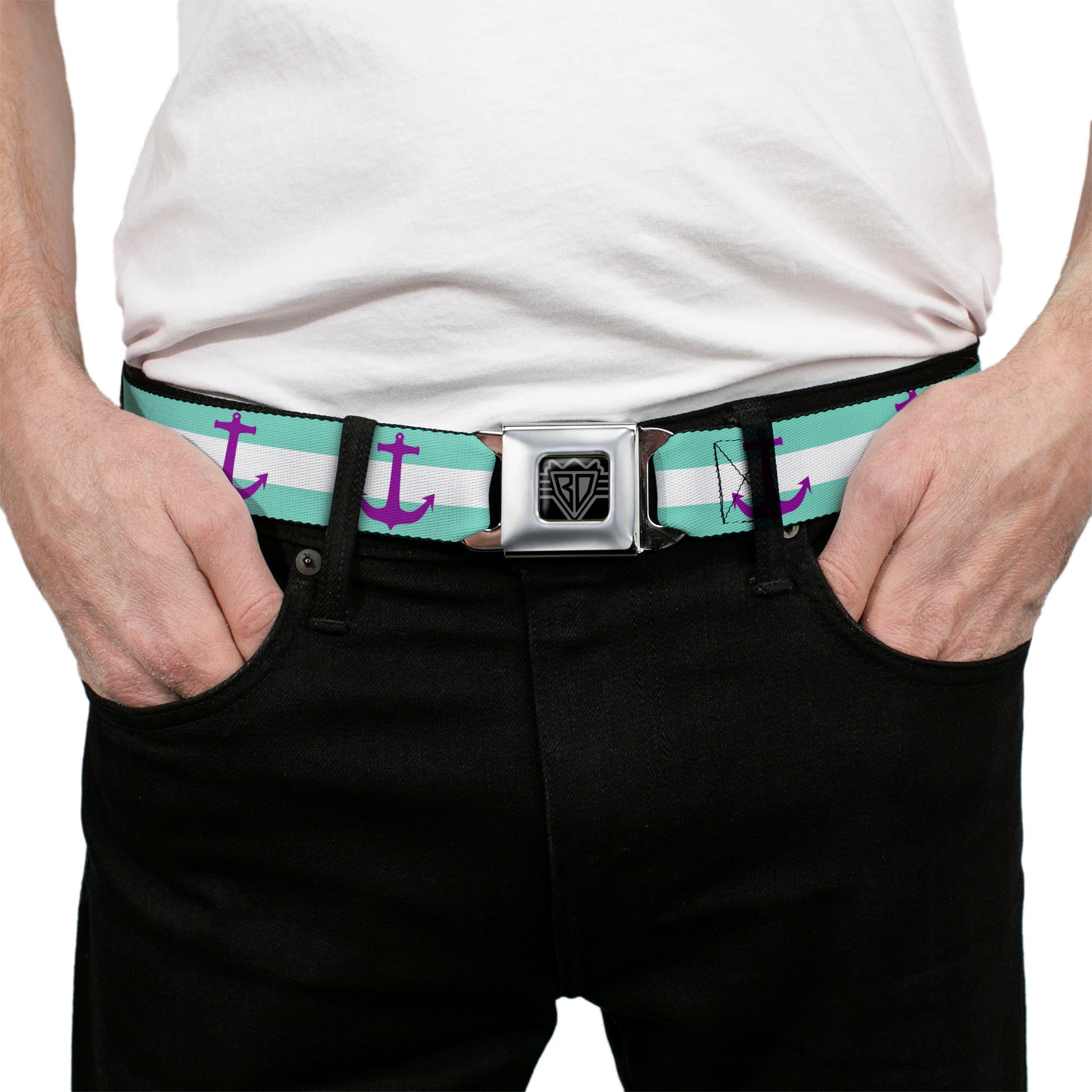 BD Wings Logo CLOSE-UP Full Color Black Silver Seatbelt Belt - Anchor/Stripe Teal/White/Purple Webbing Seatbelt Belts Buckle-Down