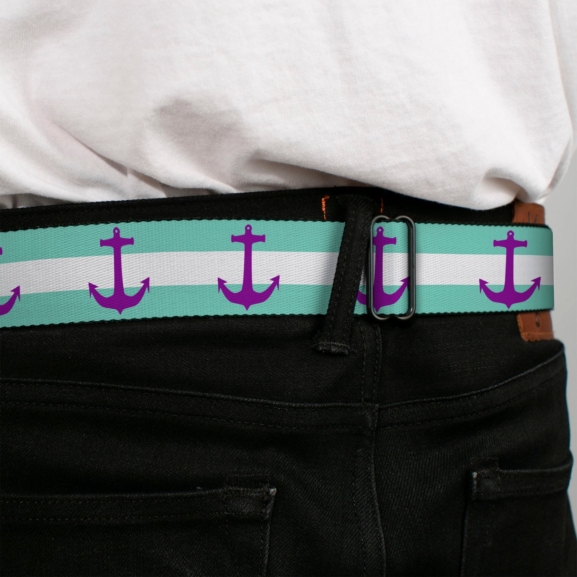 BD Wings Logo CLOSE-UP Full Color Black Silver Seatbelt Belt - Anchor/Stripe Teal/White/Purple Webbing Seatbelt Belts Buckle-Down