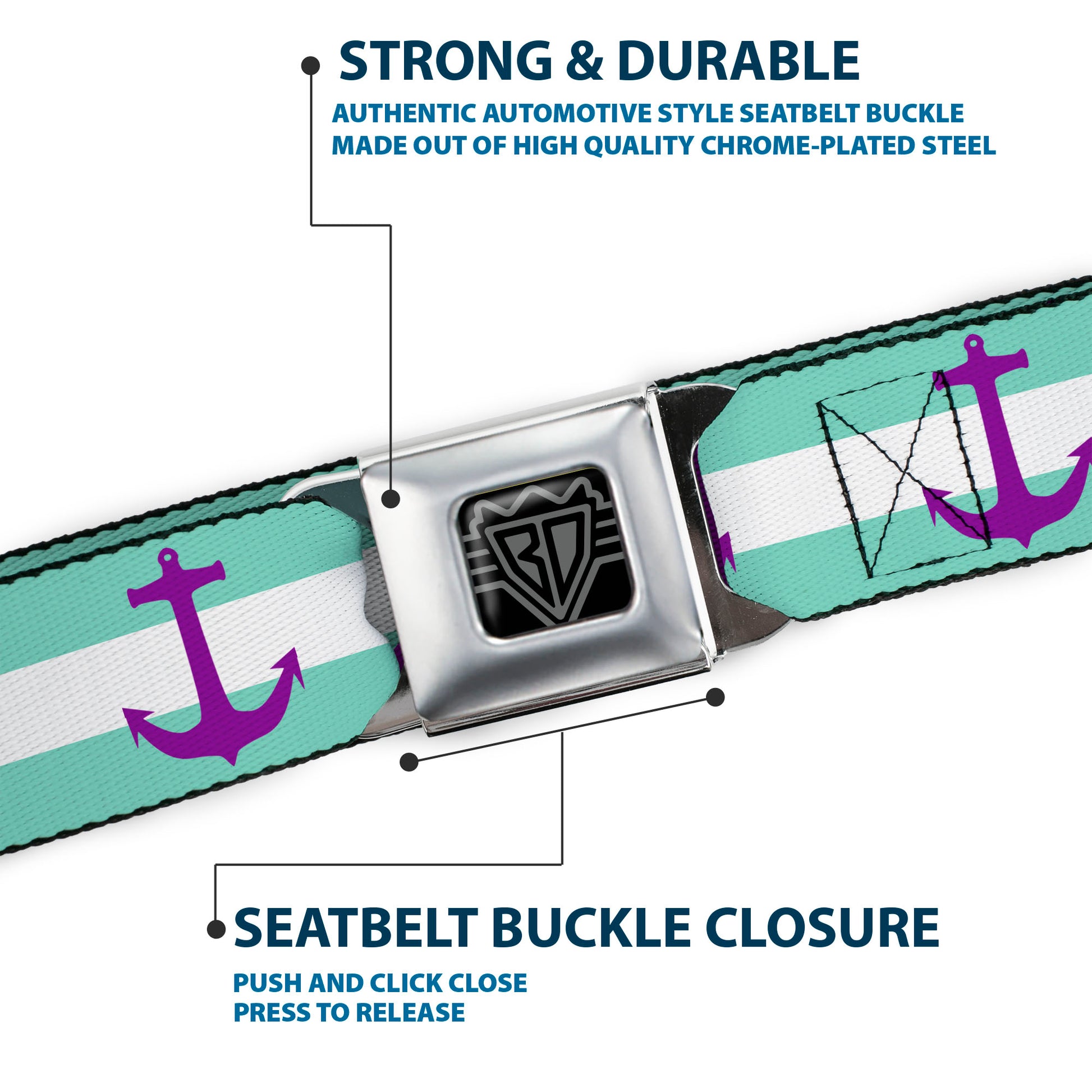 BD Wings Logo CLOSE-UP Full Color Black Silver Seatbelt Belt - Anchor/Stripe Teal/White/Purple Webbing Seatbelt Belts Buckle-Down