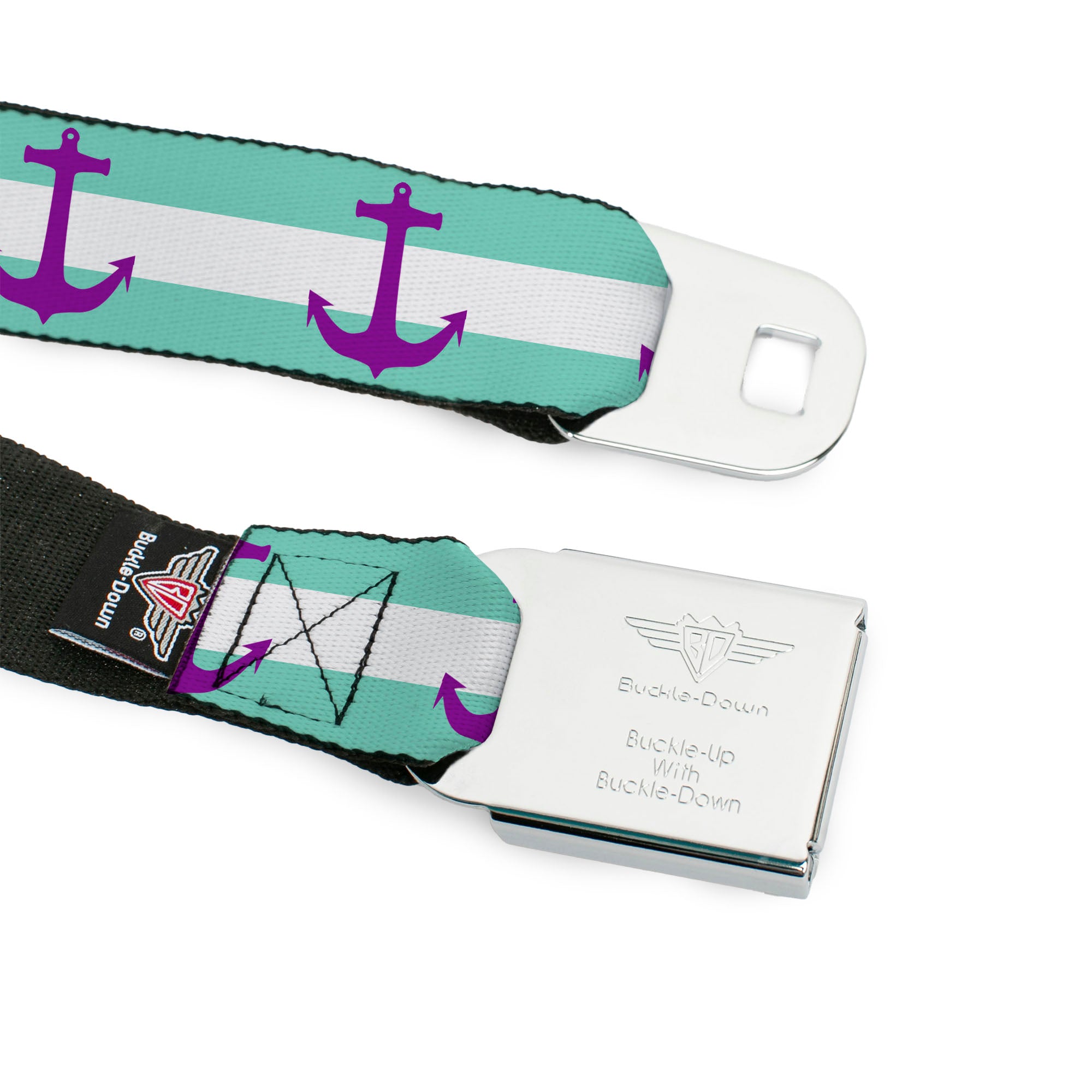 BD Wings Logo CLOSE-UP Full Color Black Silver Seatbelt Belt - Anchor/Stripe Teal/White/Purple Webbing Seatbelt Belts Buckle-Down