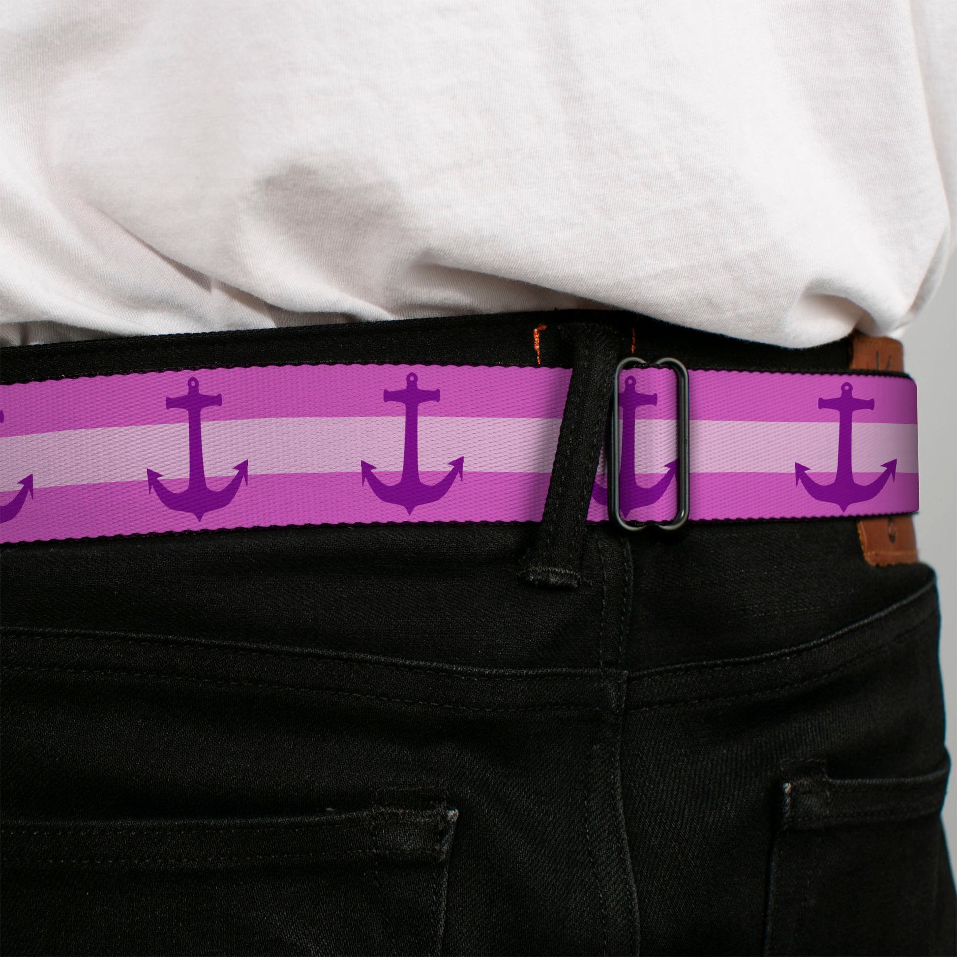 BD Wings Logo CLOSE-UP Full Color Black Silver Seatbelt Belt - Anchor/Stripe Pinks/Purple Webbing Seatbelt Belts Buckle-Down