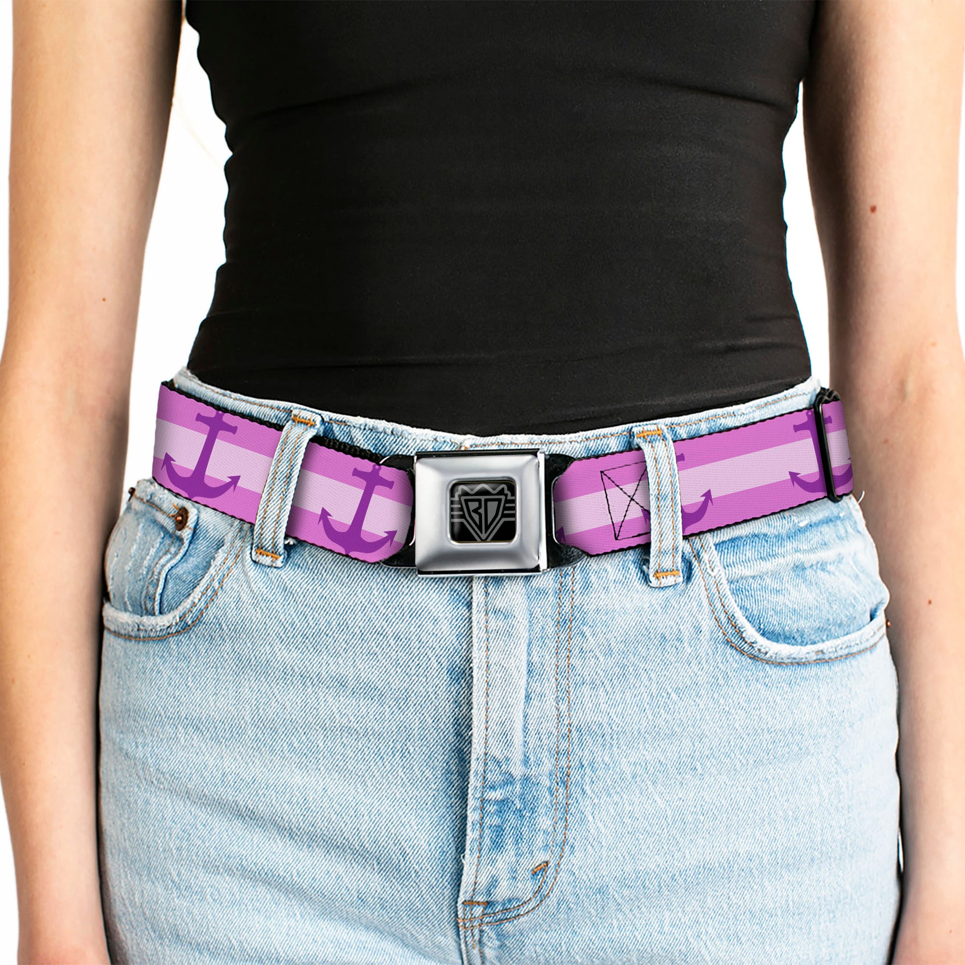 BD Wings Logo CLOSE-UP Full Color Black Silver Seatbelt Belt - Anchor/Stripe Pinks/Purple Webbing Seatbelt Belts Buckle-Down