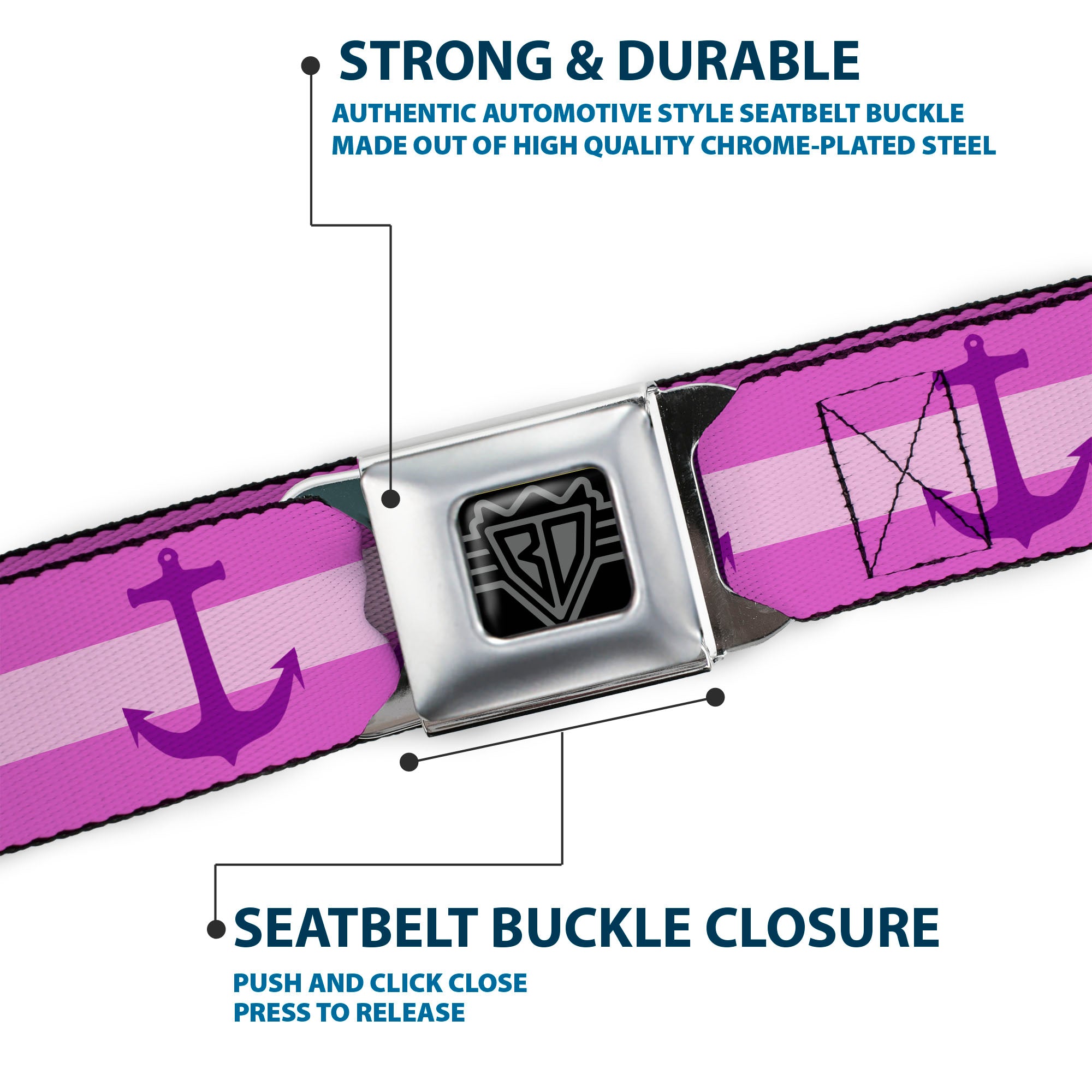 BD Wings Logo CLOSE-UP Full Color Black Silver Seatbelt Belt - Anchor/Stripe Pinks/Purple Webbing Seatbelt Belts Buckle-Down