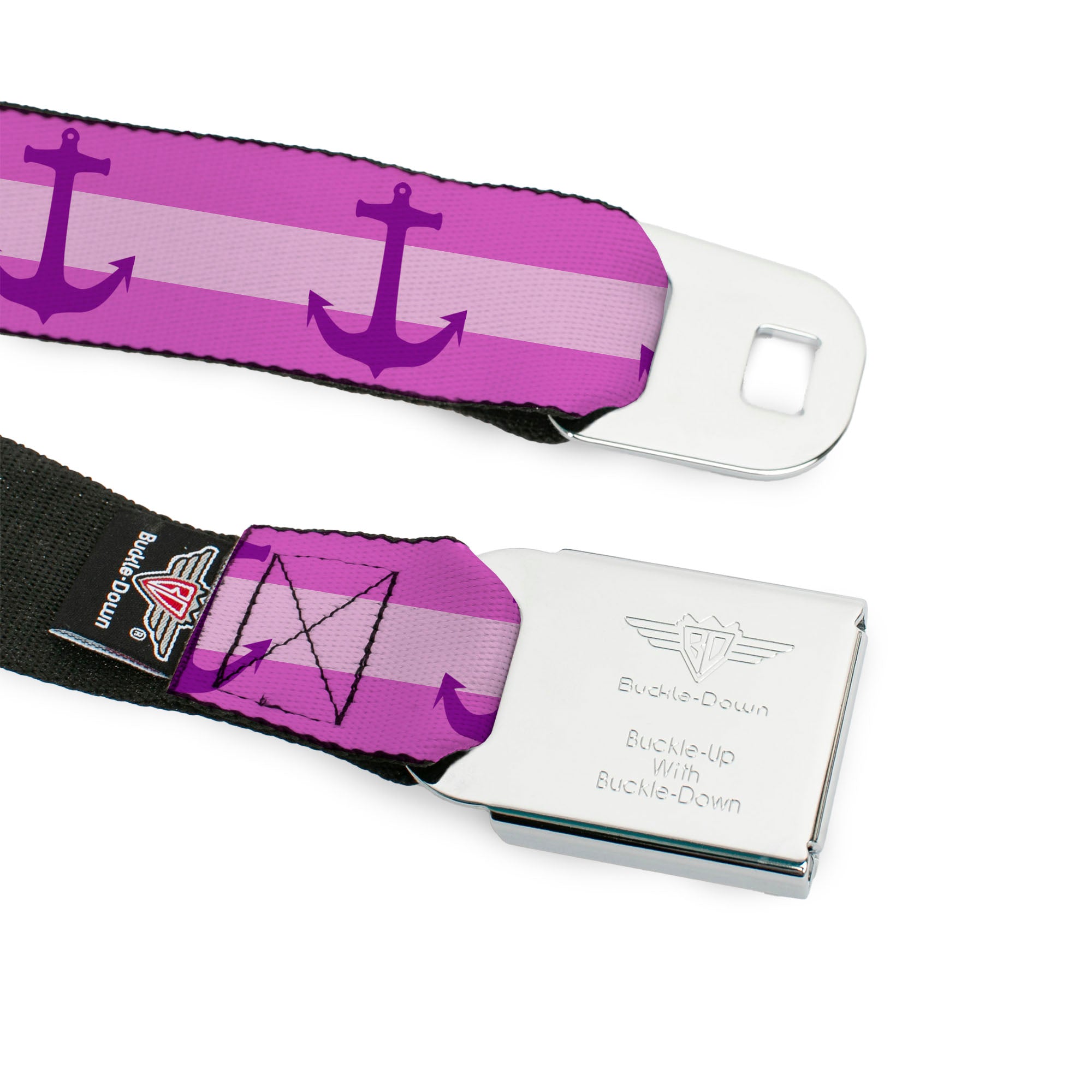 BD Wings Logo CLOSE-UP Full Color Black Silver Seatbelt Belt - Anchor/Stripe Pinks/Purple Webbing Seatbelt Belts Buckle-Down