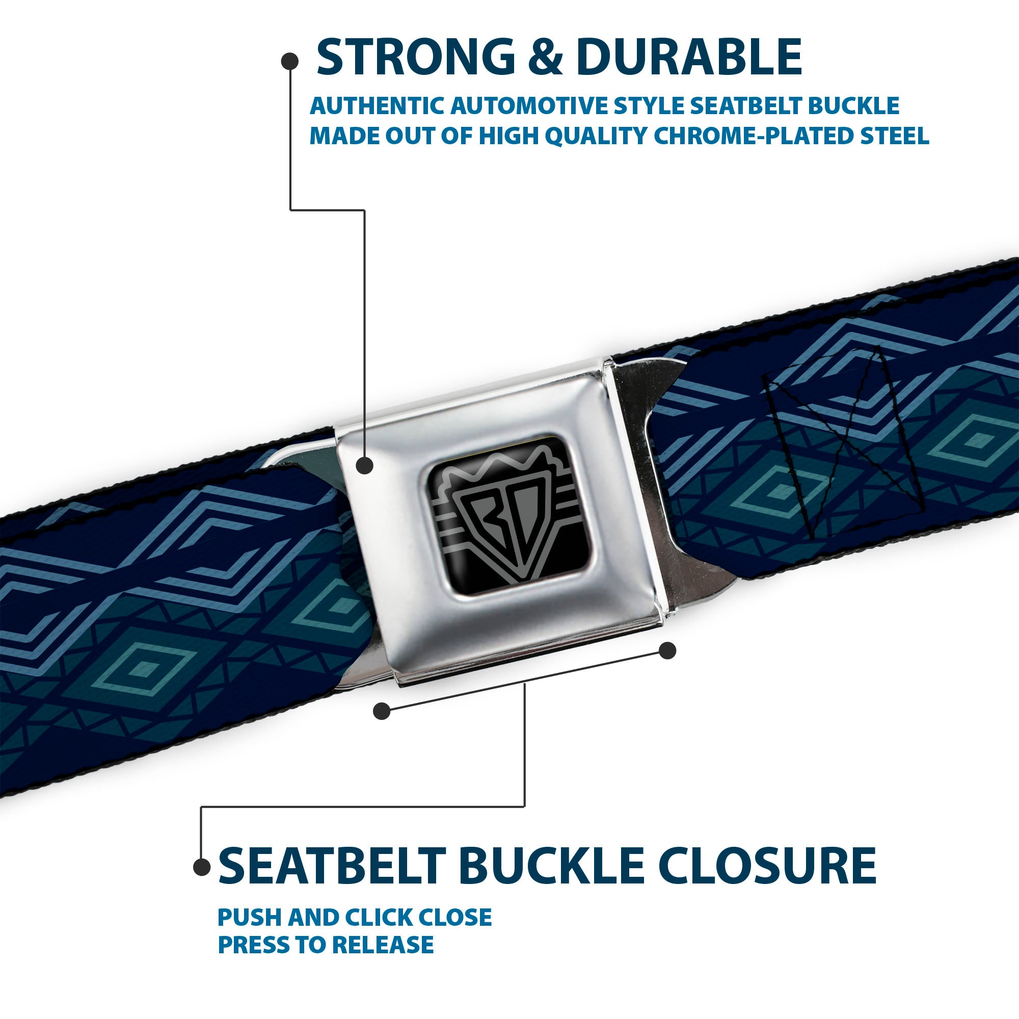 BD Wings Logo CLOSE-UP Full Color Black Silver Seatbelt Belt - Aztec3 Blues Webbing Seatbelt Belts Buckle-Down
