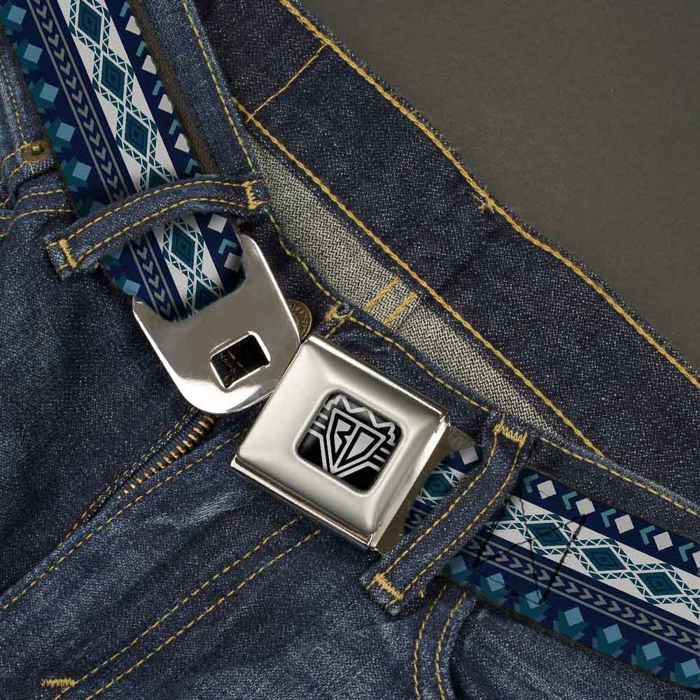 BD Wings Logo CLOSE-UP Full Color Black Silver Seatbelt Belt - Aztec4 Blues/White/Gray Webbing Seatbelt Belts Buckle-Down