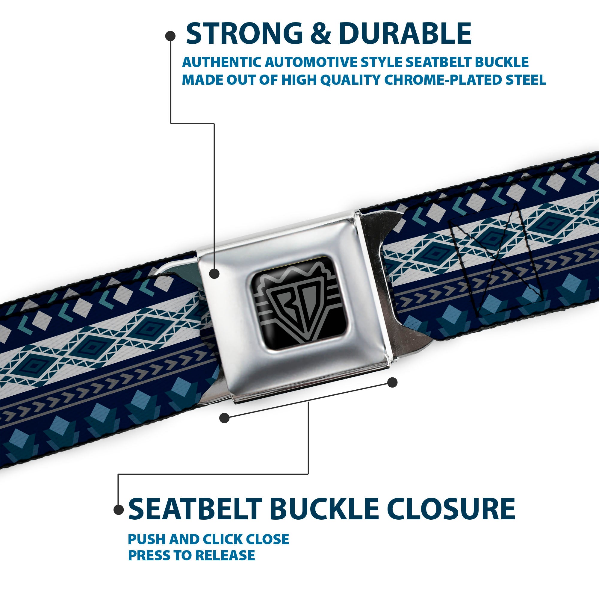 BD Wings Logo CLOSE-UP Full Color Black Silver Seatbelt Belt - Aztec4 Blues/White/Gray Webbing Seatbelt Belts Buckle-Down
