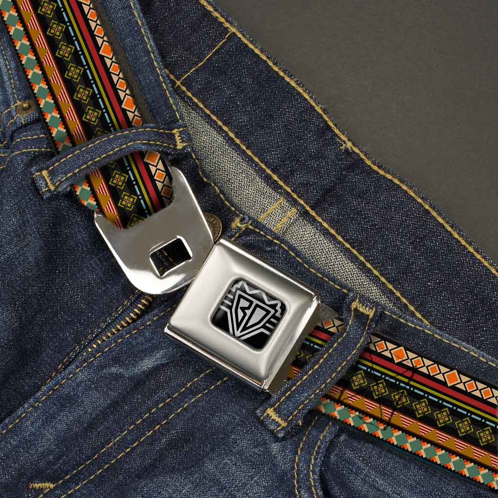 BD Wings Logo CLOSE-UP Full Color Black Silver Seatbelt Belt - Aztec5 Reds/Blues/Greens/Yellows Webbing Seatbelt Belts Buckle-Down