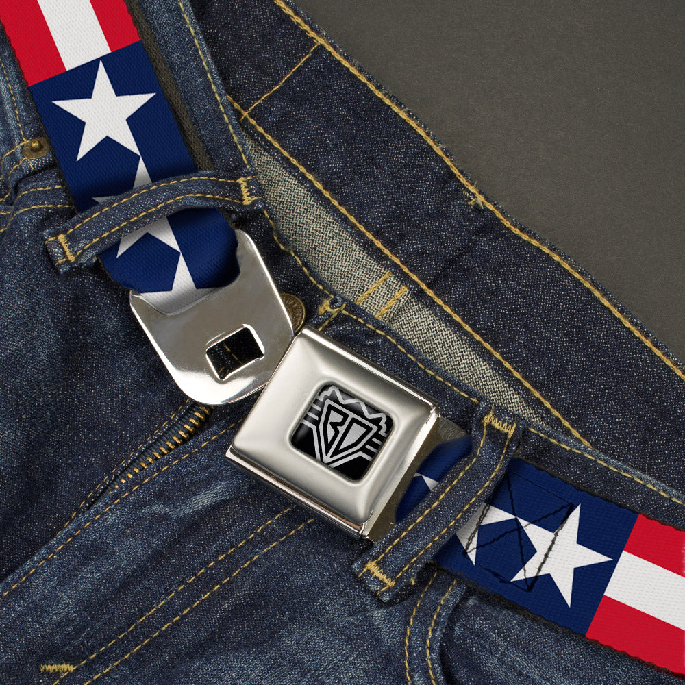 BD Wings Logo CLOSE-UP Full Color Black Silver Seatbelt Belt - Americana Stars & Stripes Webbing Seatbelt Belts Buckle-Down