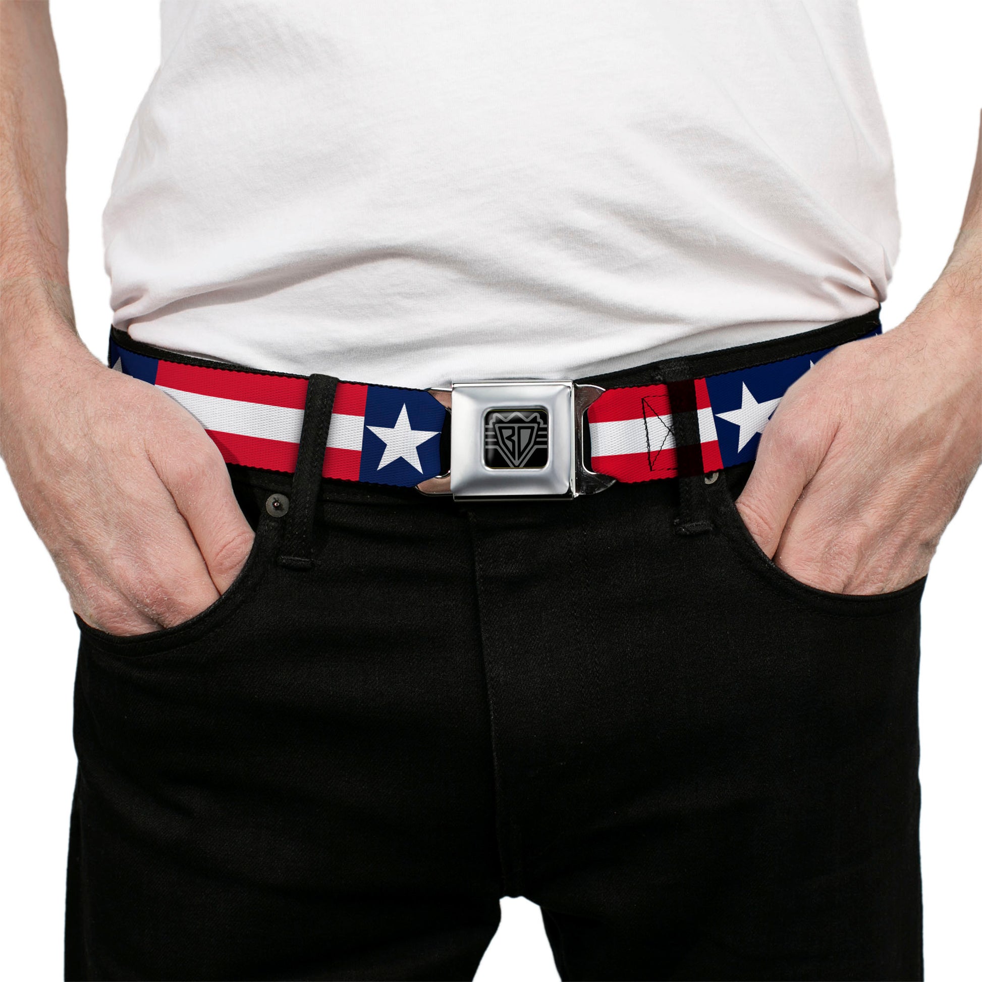 BD Wings Logo CLOSE-UP Full Color Black Silver Seatbelt Belt - Americana Stars & Stripes Webbing Seatbelt Belts Buckle-Down