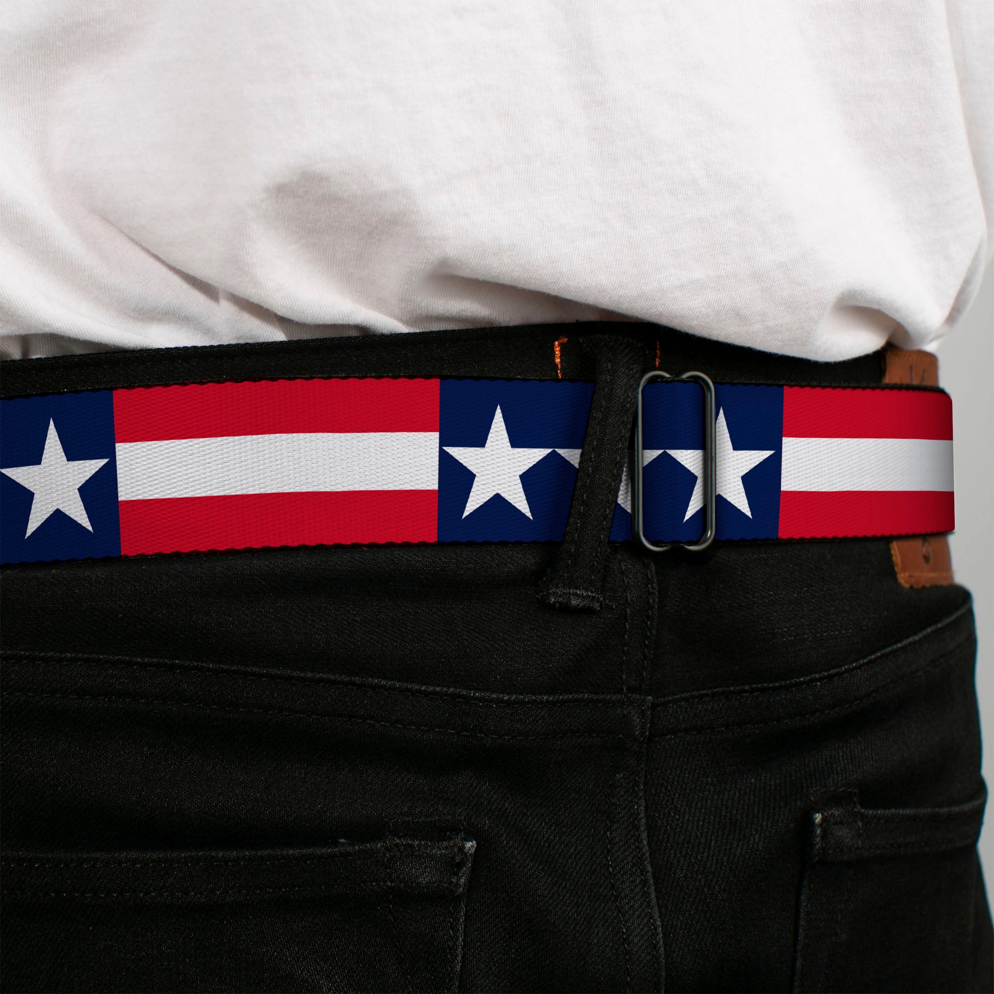 BD Wings Logo CLOSE-UP Full Color Black Silver Seatbelt Belt - Americana Stars & Stripes Webbing Seatbelt Belts Buckle-Down
